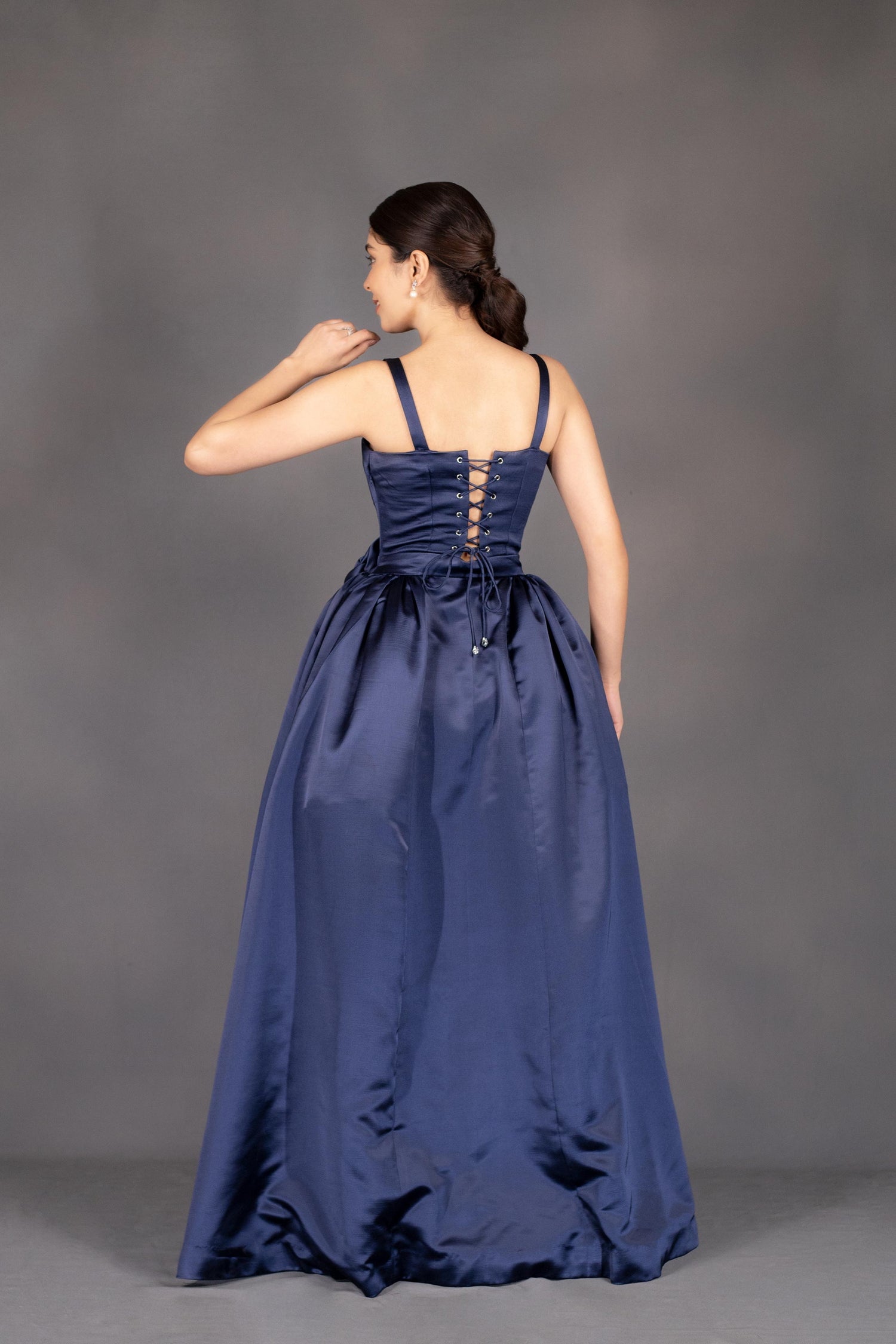 Stuning Navy Blue Satin Designer Gown-Inspired By Victorian Ball Gown