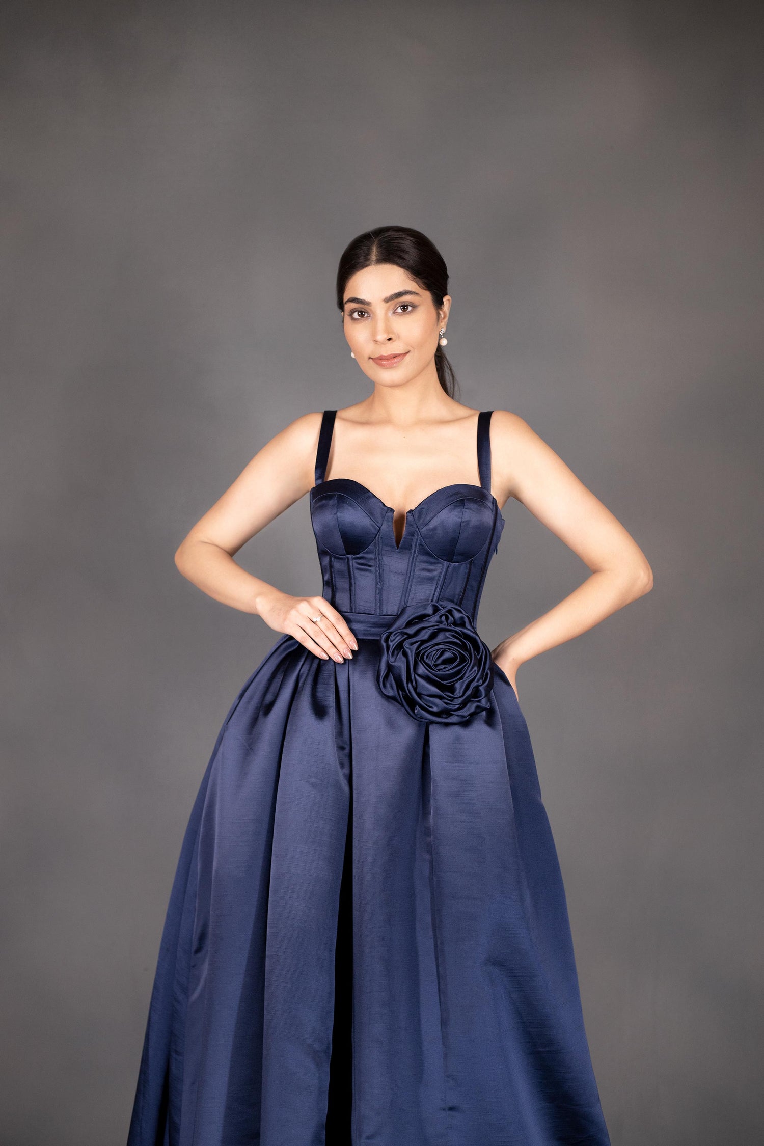 Stuning Navy Blue Satin Designer Gown-Inspired By Victorian Ball Gown