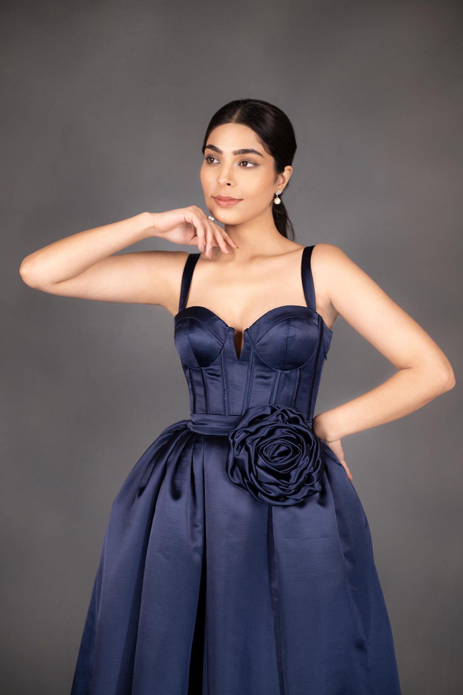 Stuning Navy Blue Satin Designer Gown-Inspired By Victorian Ball Gown