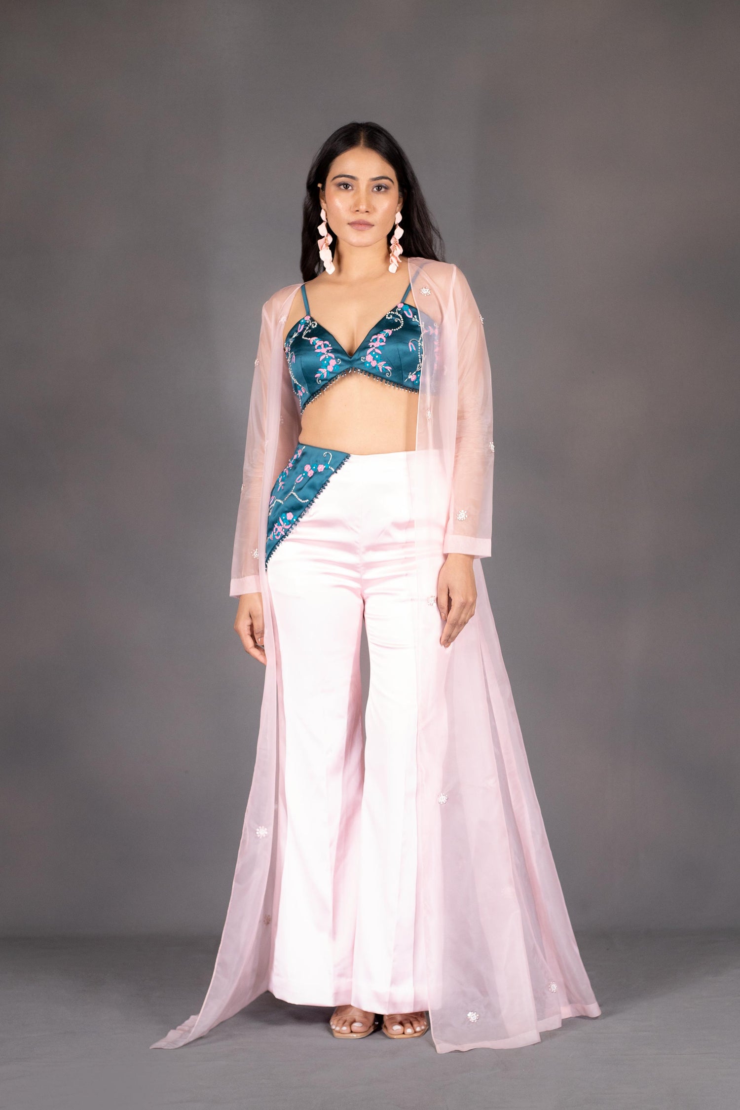 Hand-Embroidered Blouse with Sequin Shrug