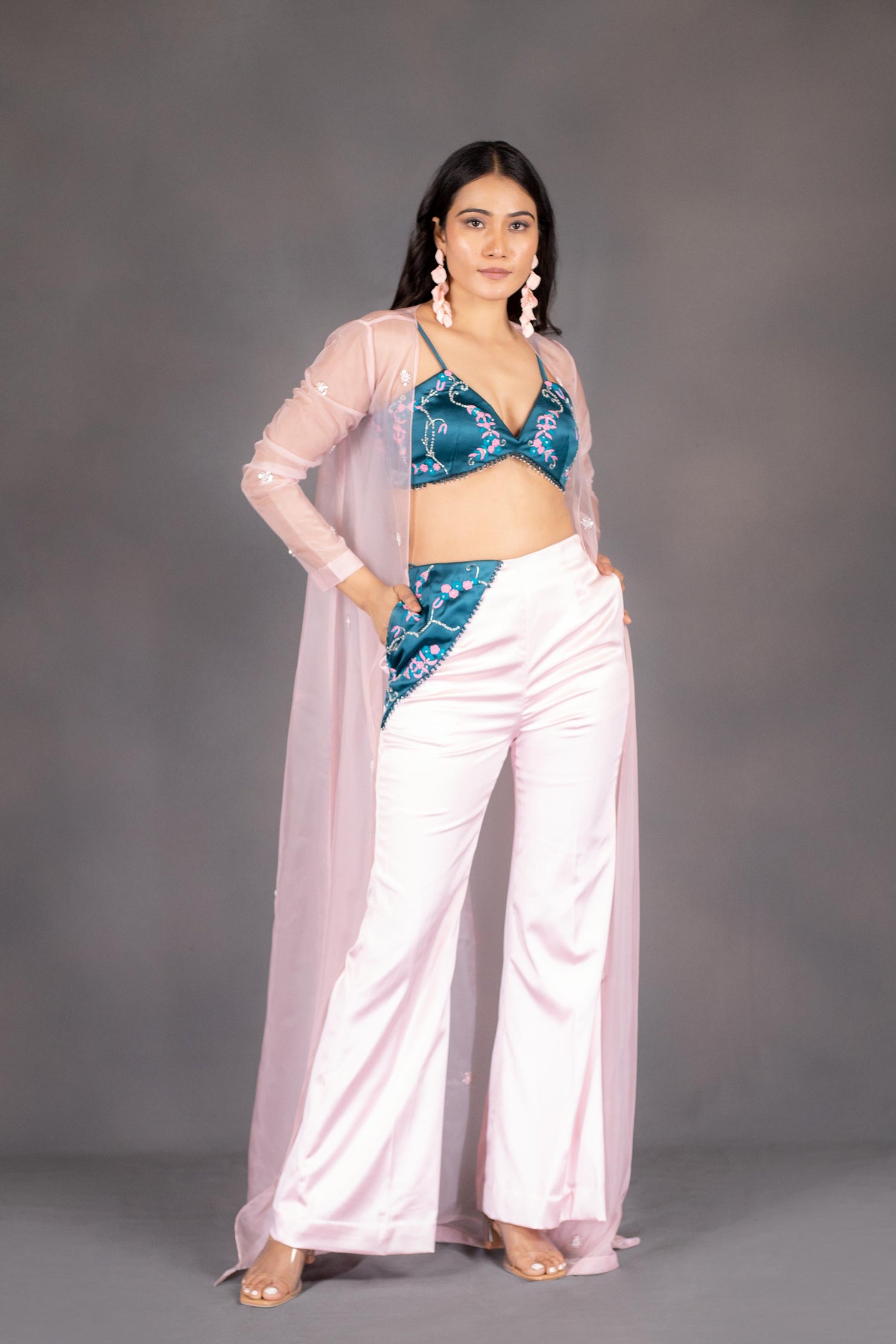 Hand-Embroidered Blouse with Sequin Shrug