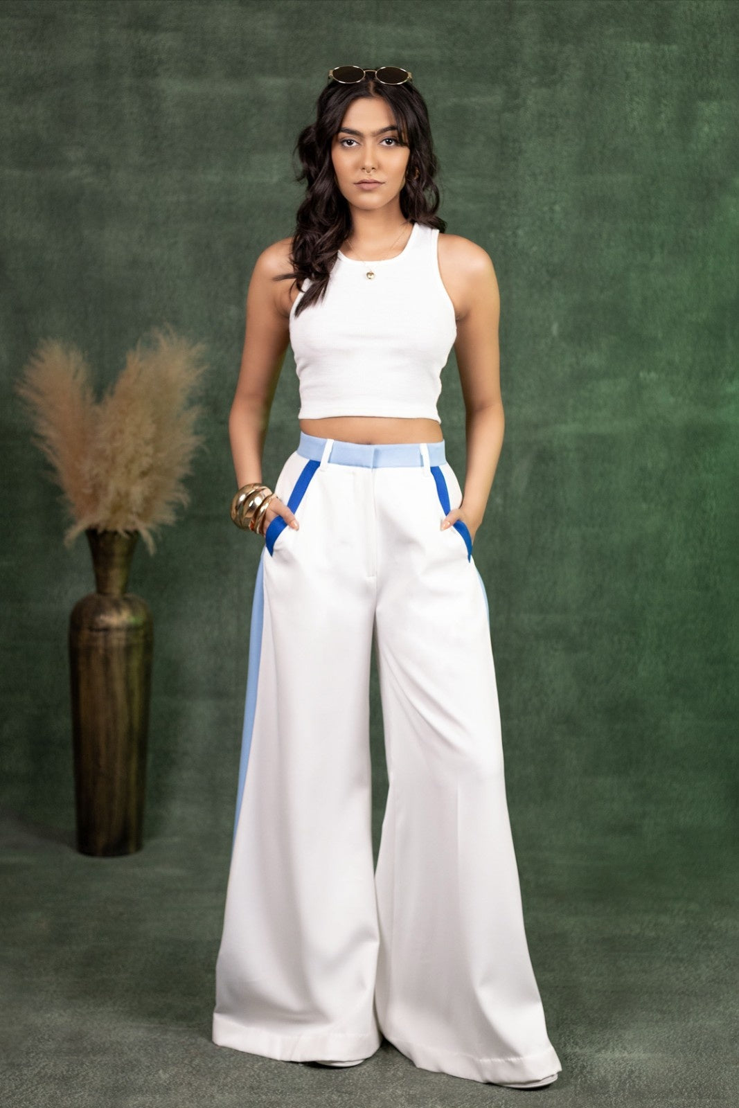 White & Blue Clasic Wide-Leg Pant
