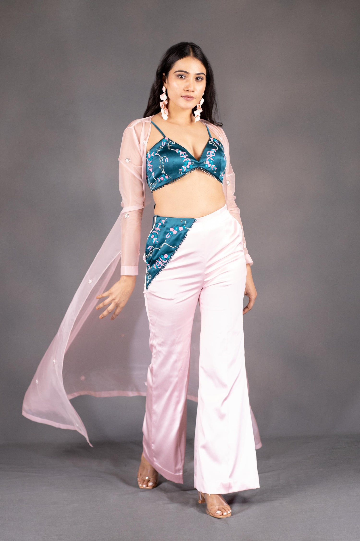 Hand-Embroidered Blouse with Sequin Shrug