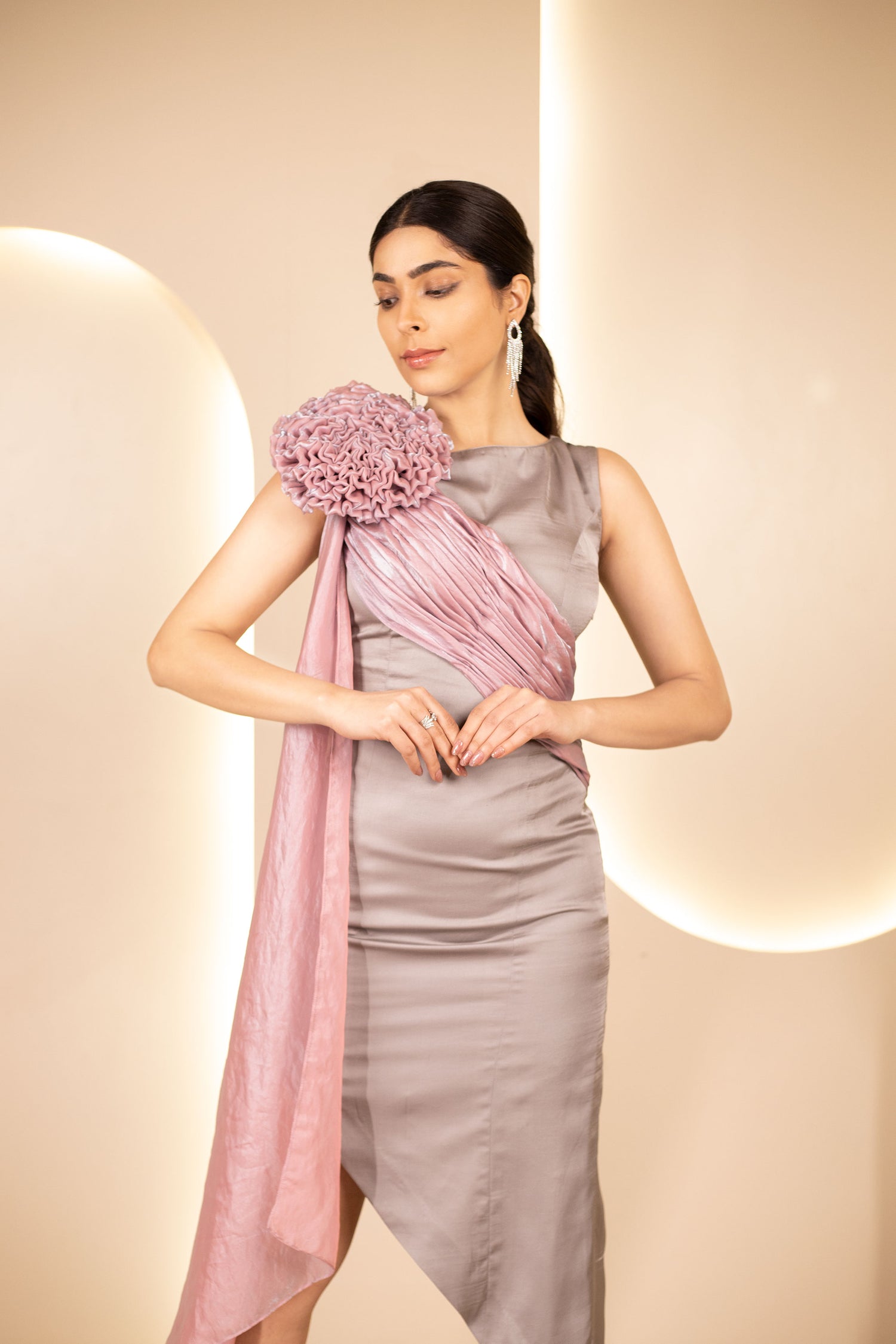 A Line Organza Draped Sheath Dress Embellished With Crafted Flower