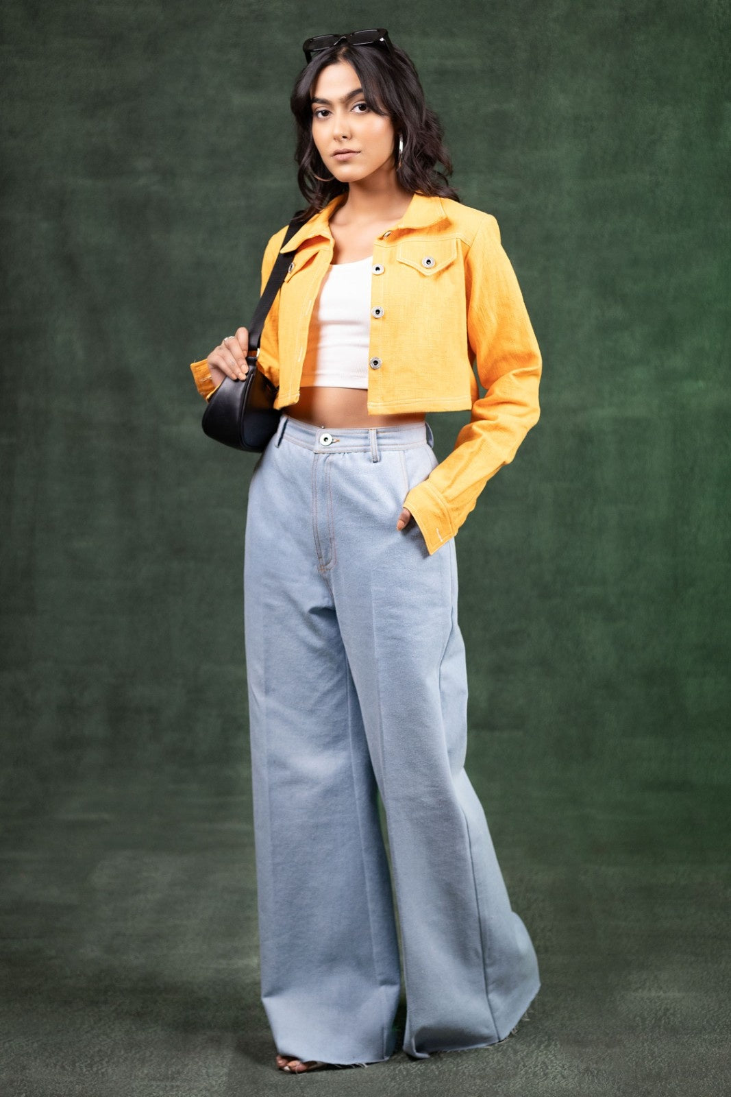 Linnen Cropped Jacket & Mist Denim Trouser Set