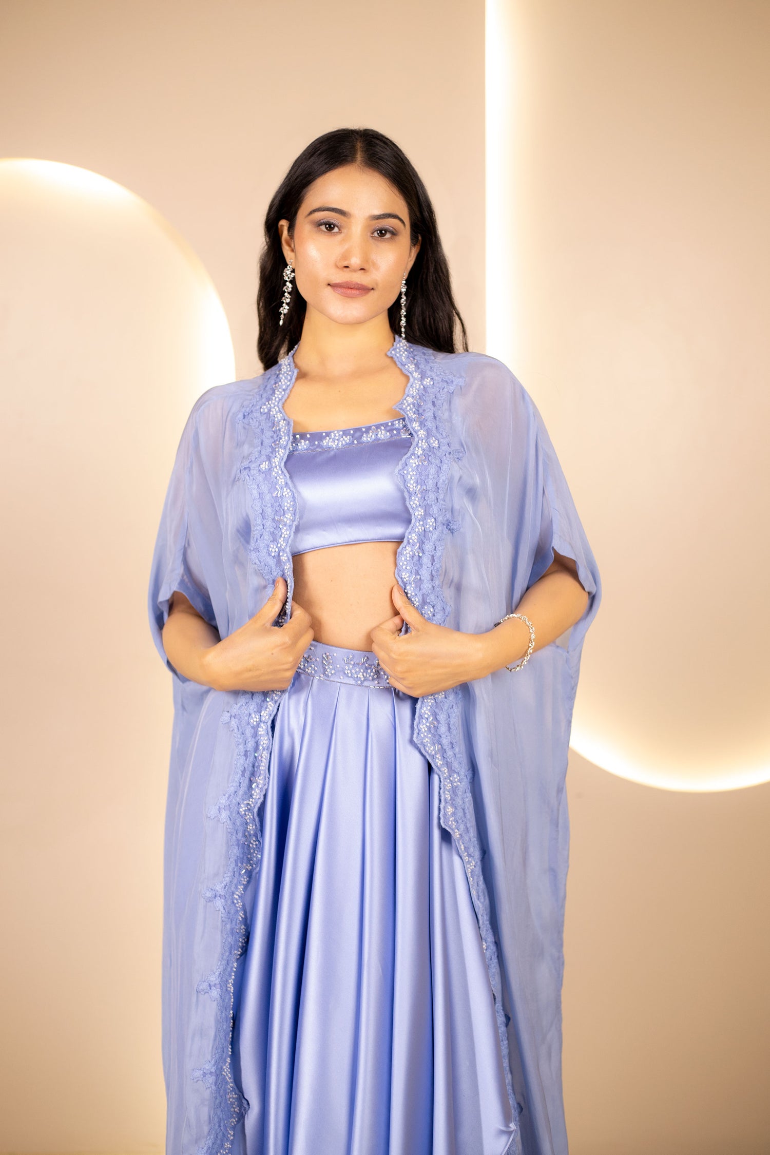 Embellished Blouse with Drape Skirt & Shrug