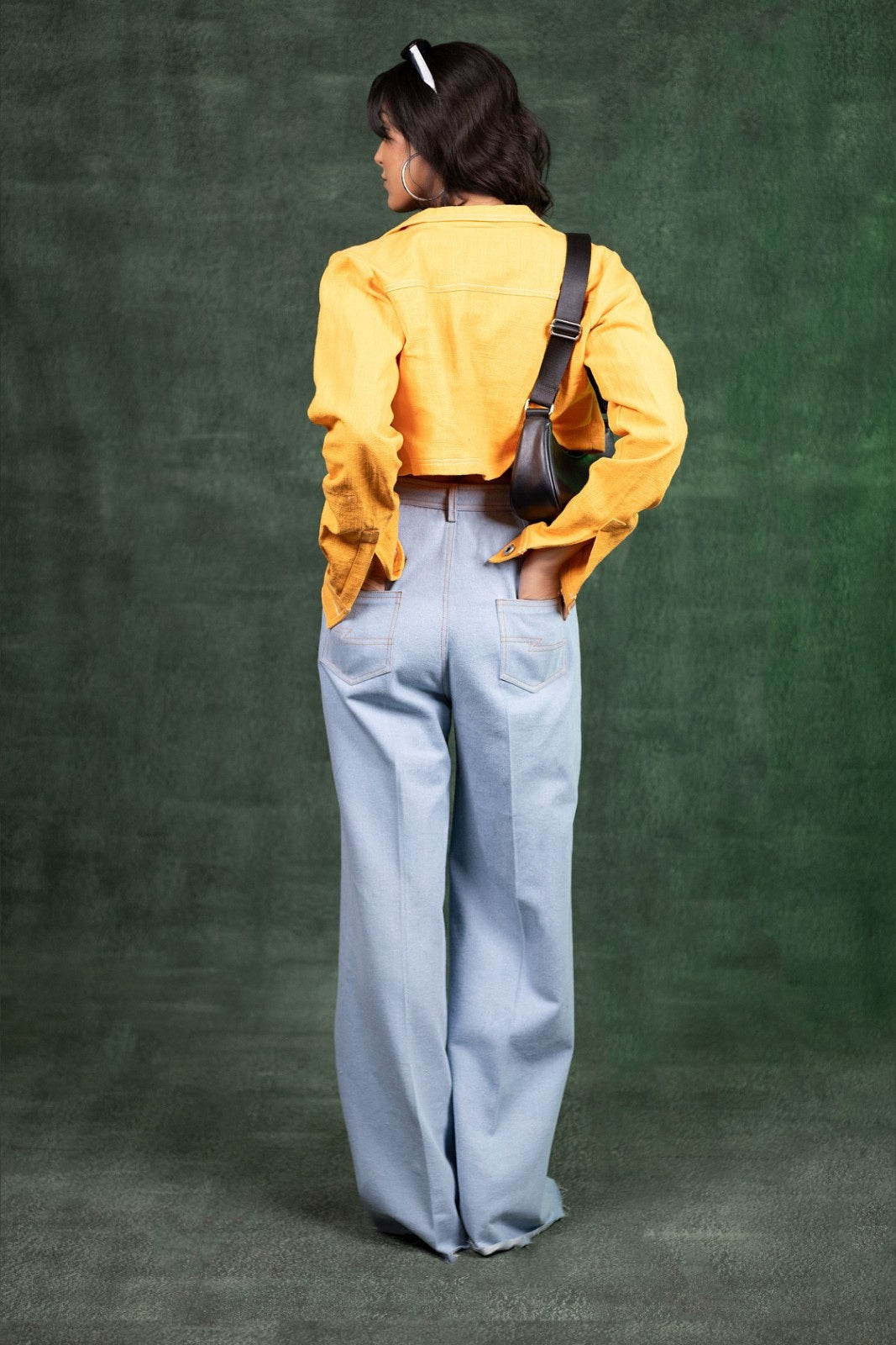 Linnen Cropped Jacket & Mist Denim Trouser Set