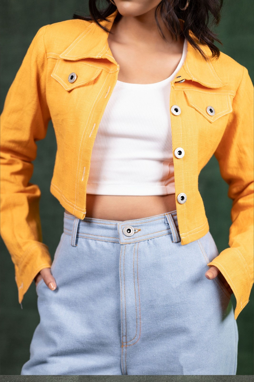 Linnen Cropped Jacket & Mist Denim Trouser Set