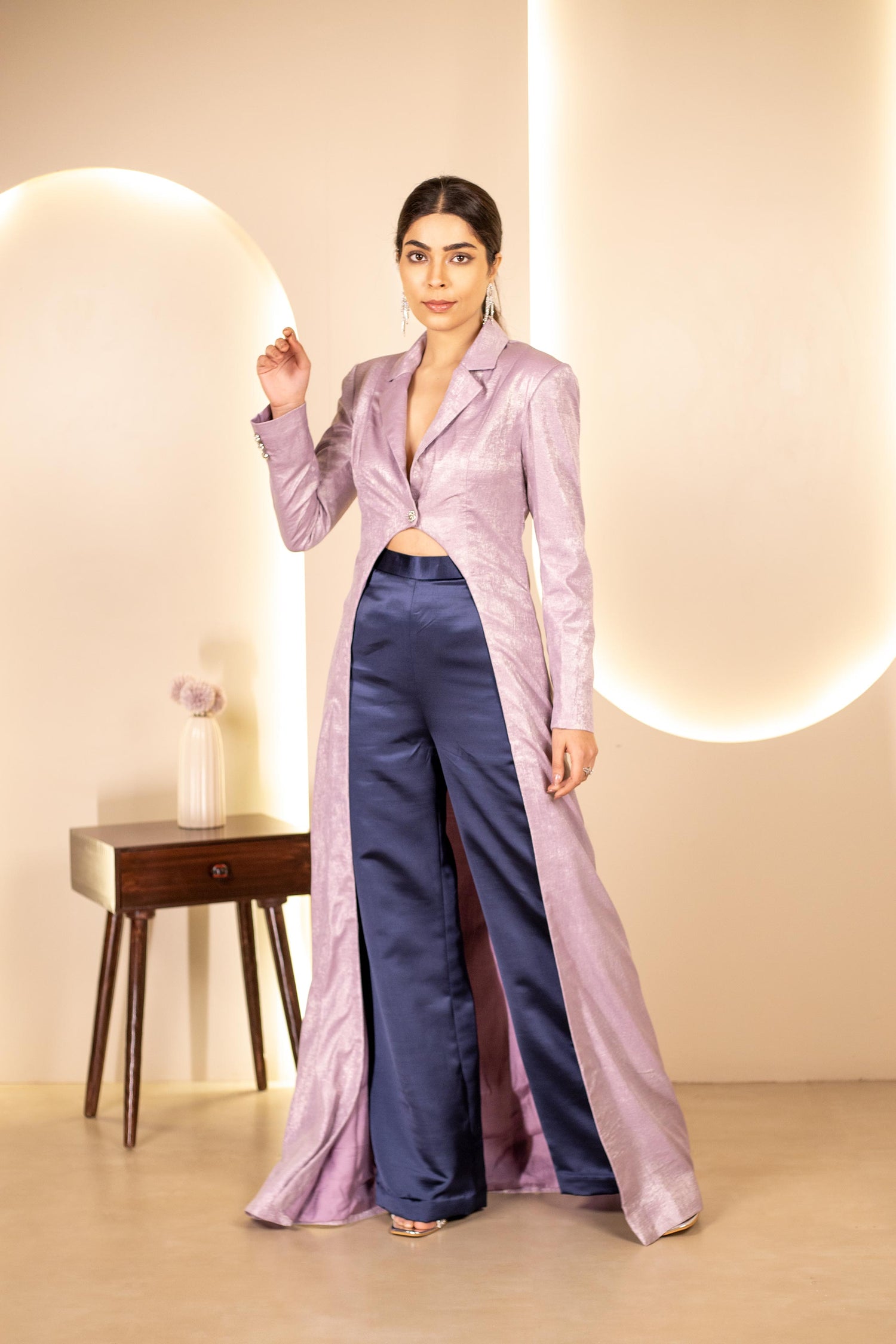 Lavender Longline Coat With Navy Blue Trouser