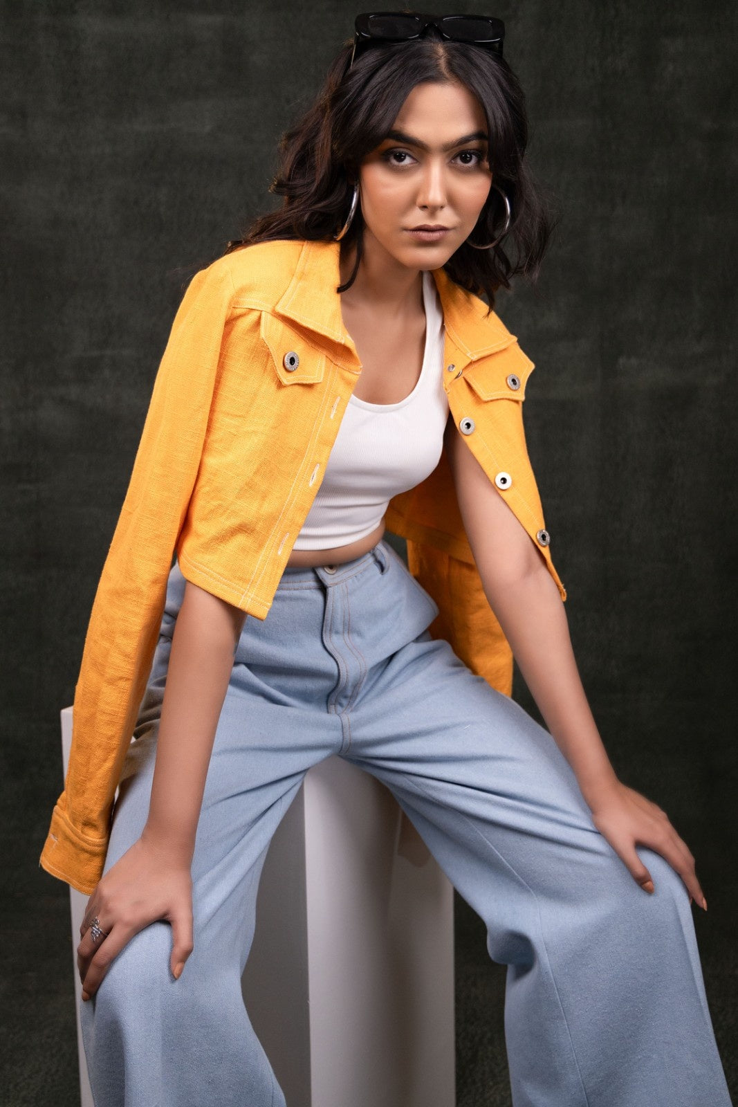 Linnen Cropped Jacket & Mist Denim Trouser Set