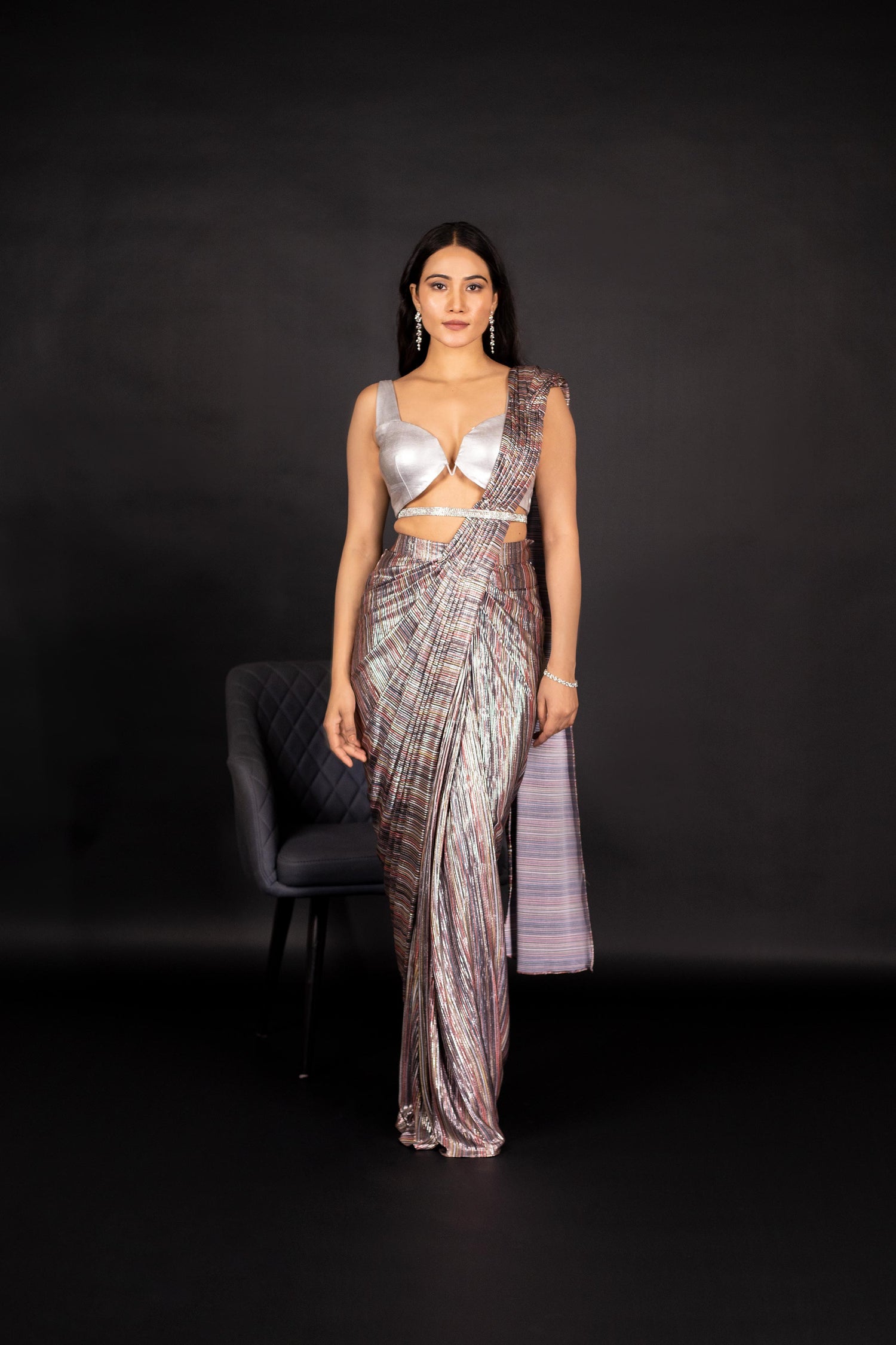 Multicolor Pleated Lyrca Saree with Silver Blouse