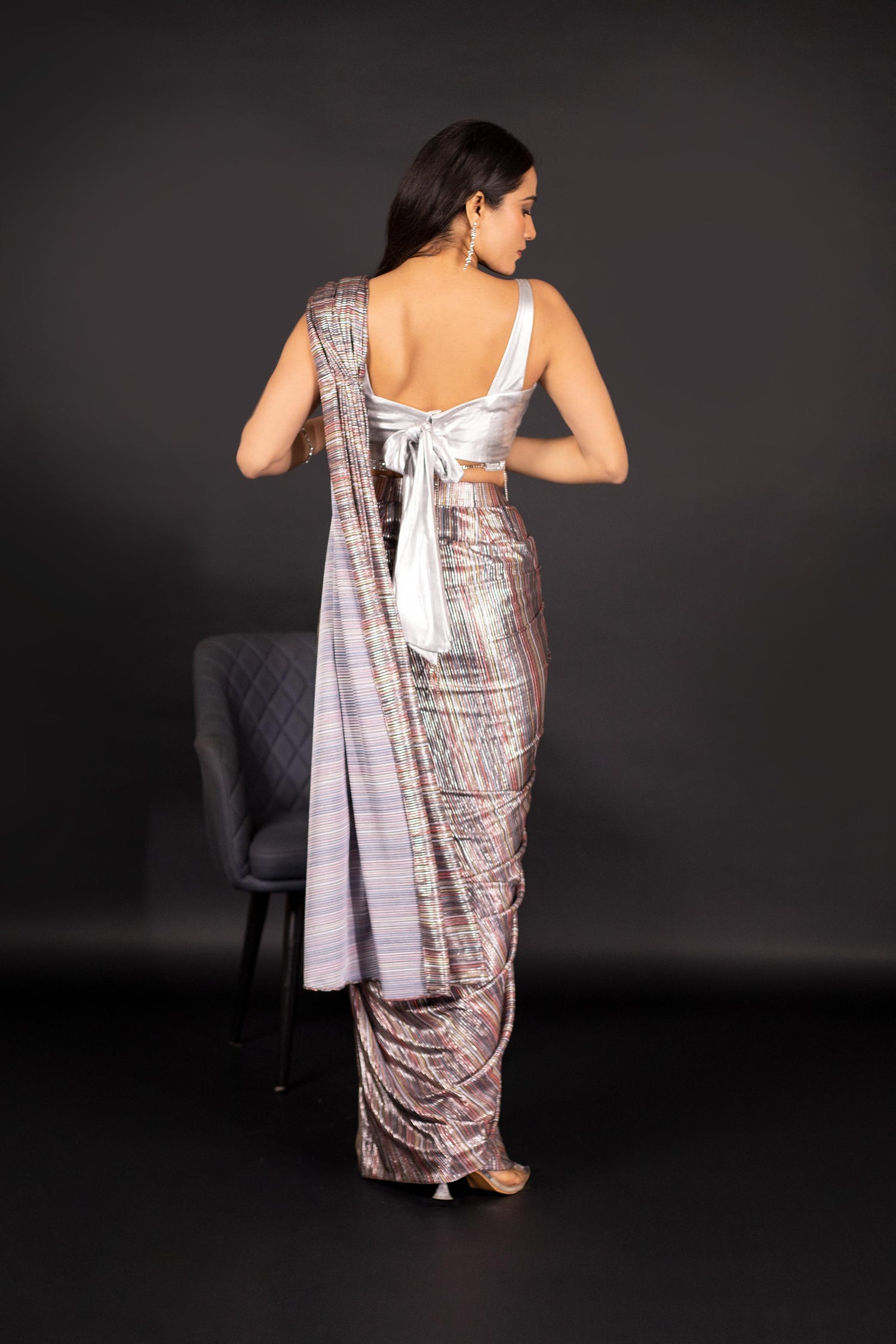 Multicolor Pleated Lyrca Saree with Silver Blouse