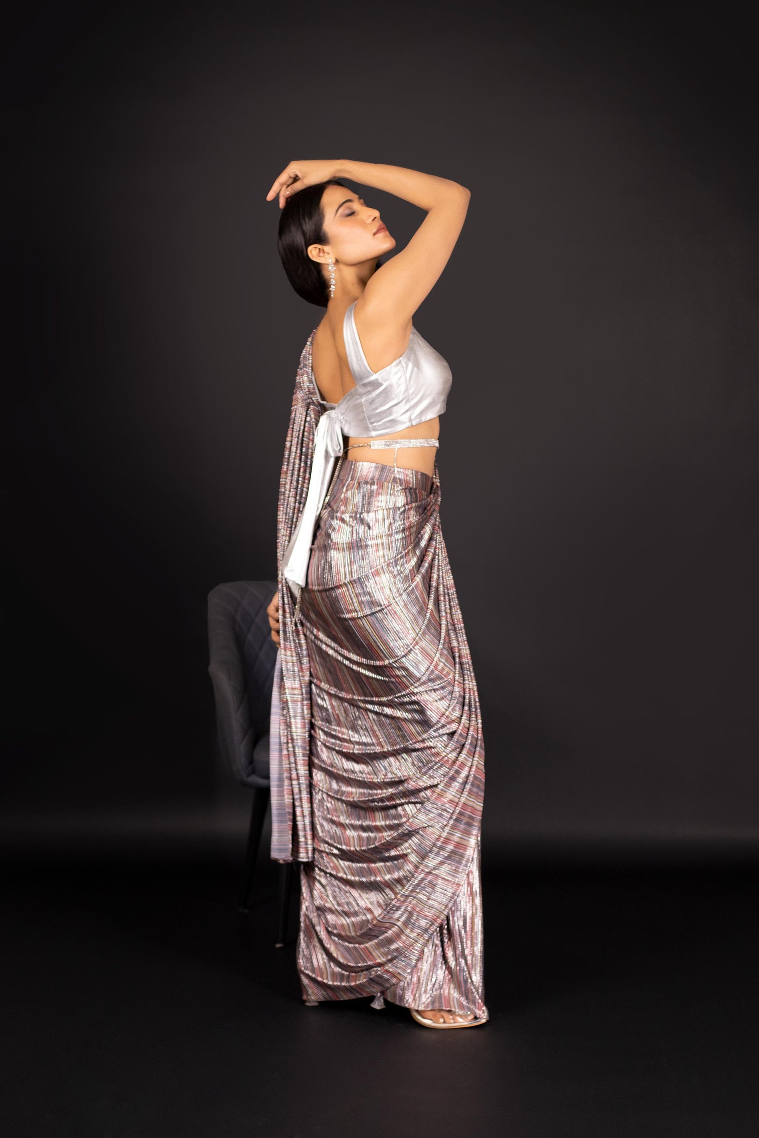 Multicolor Pleated Lyrca Saree with Silver Blouse
