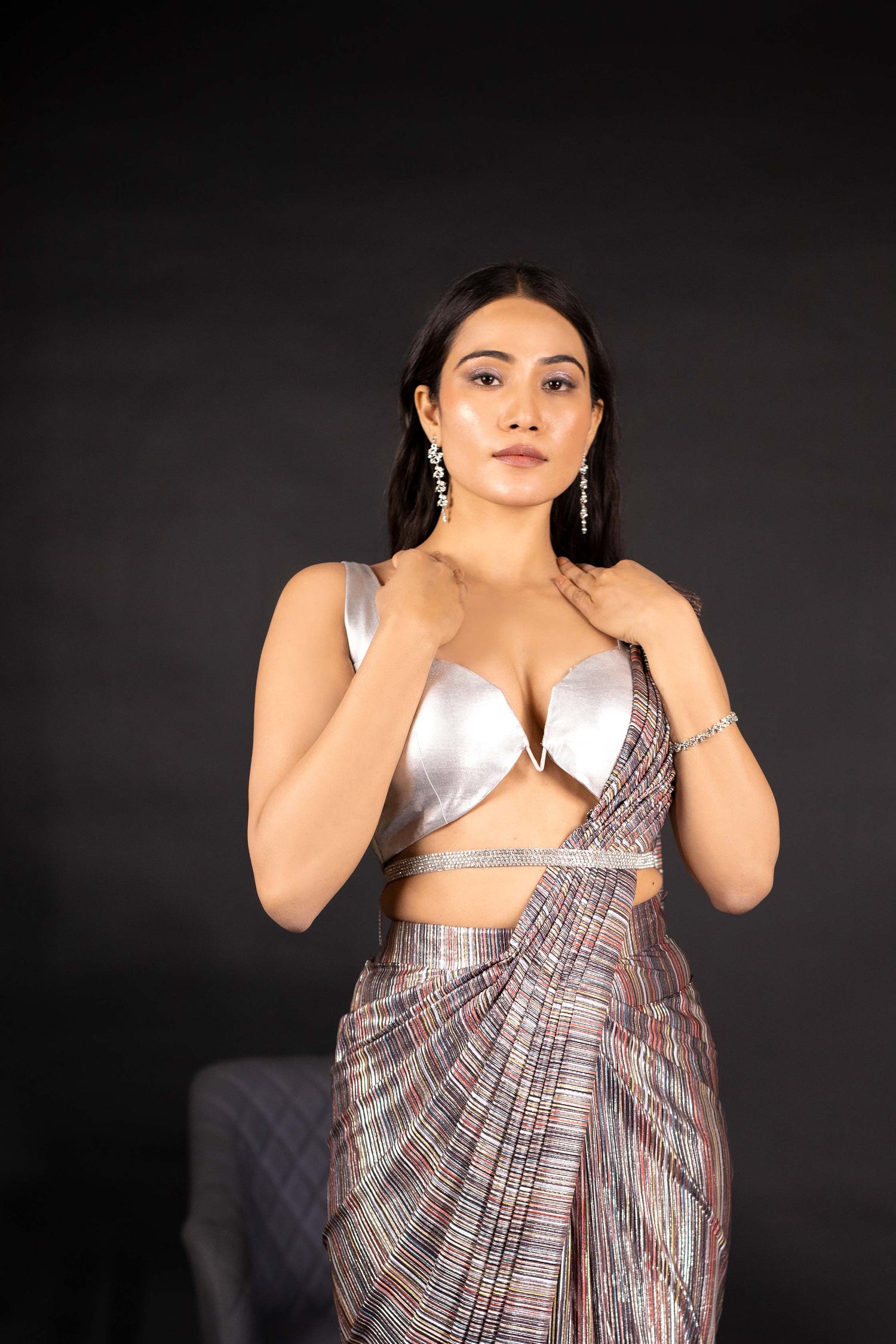 Multicolor Pleated Lyrca Saree with Silver Blouse