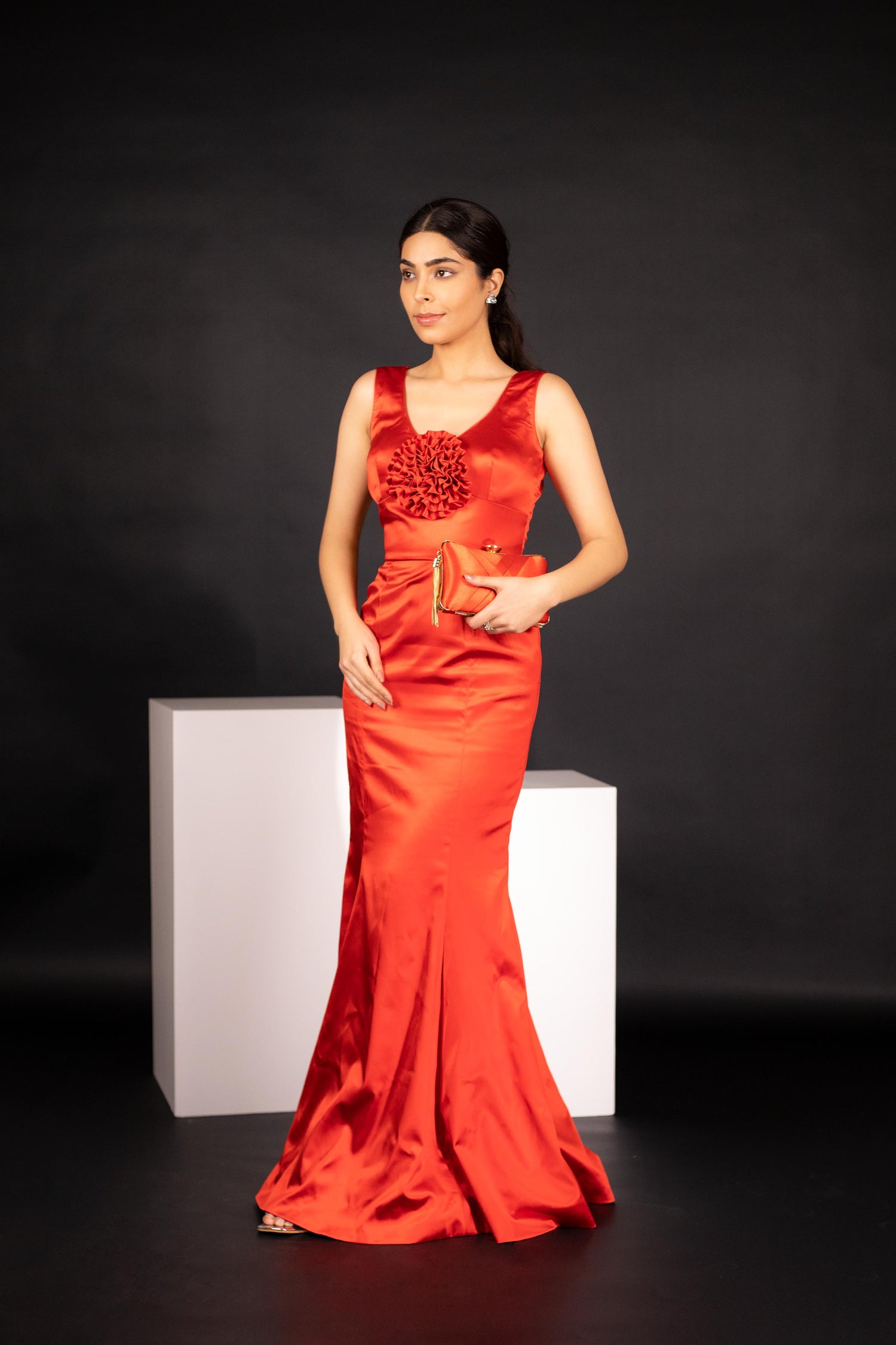 Stylish Red Satin Gown With Crafted Rose Flower