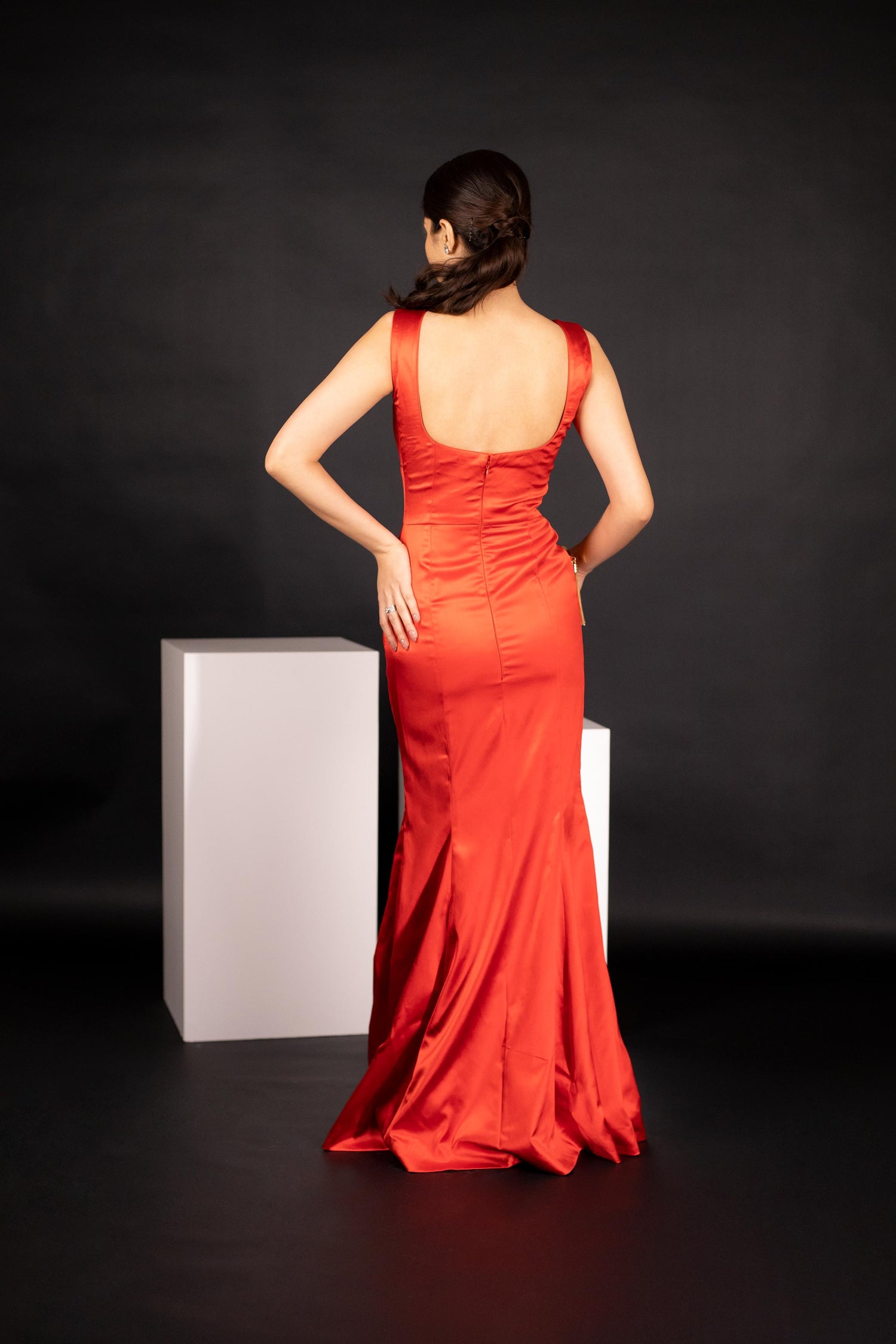 Stylish Red Satin Gown With Crafted Rose Flower