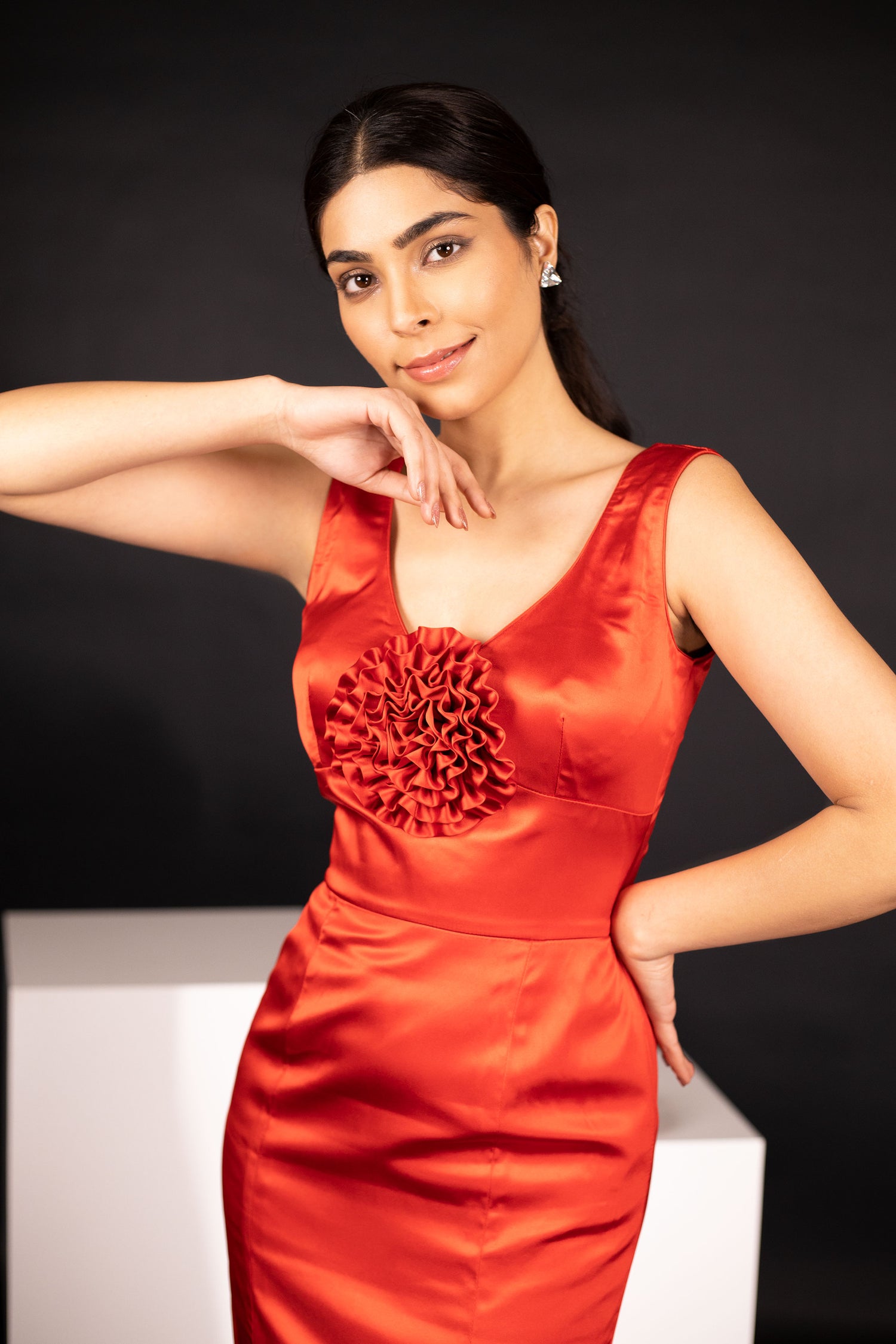 Stylish Red Satin Gown With Crafted Rose Flower