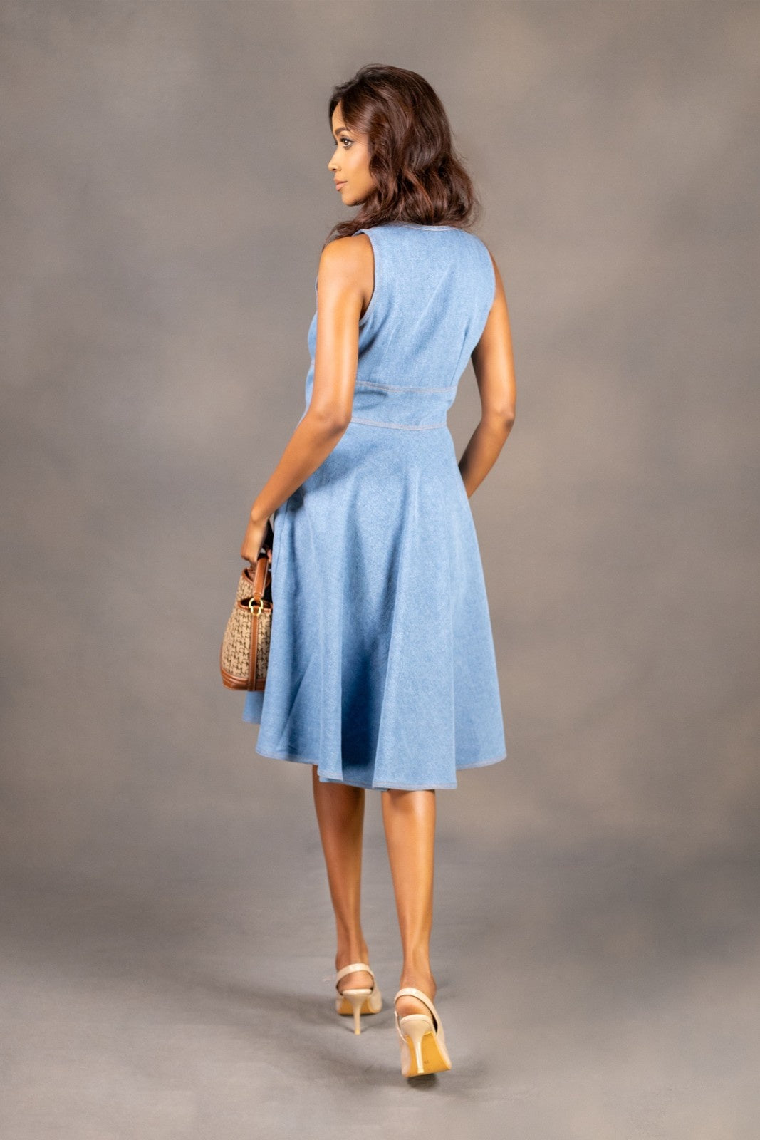 Sleeveless A-Line Fit & Flare Denim Midi Dress