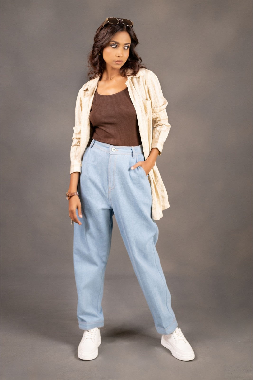 Light Blue Relaxed Fit Denim Pants with oversize shirt set.