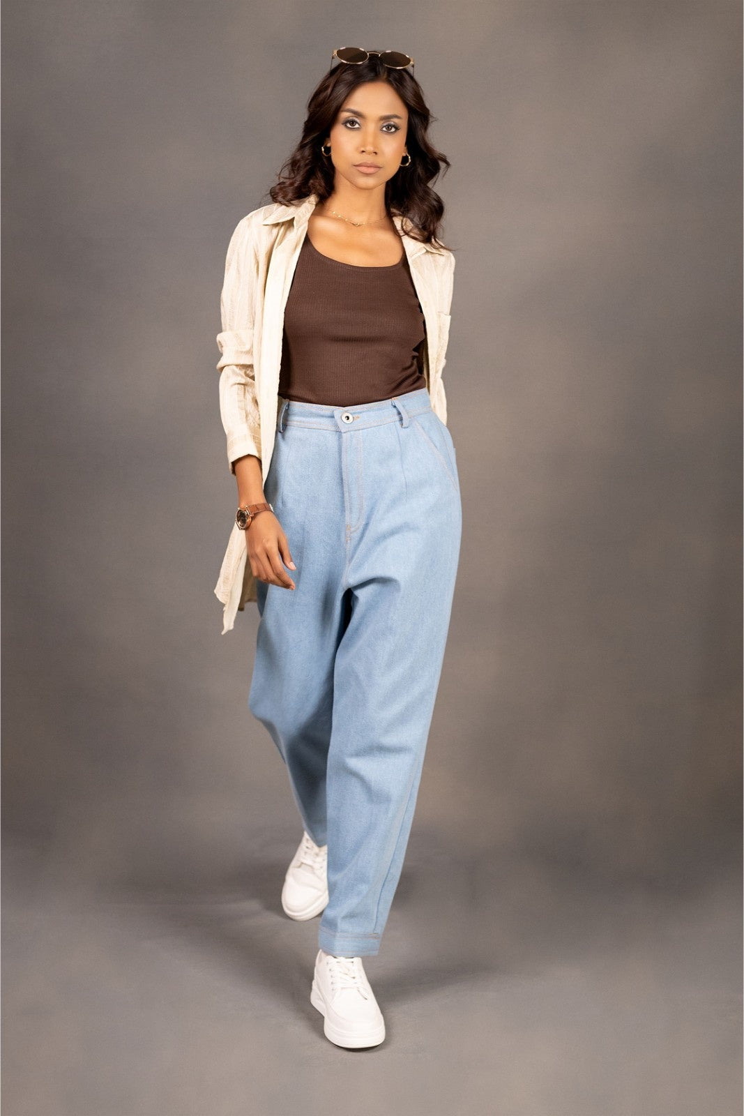 Light Blue Relaxed Fit Denim Pants with oversize shirt set.