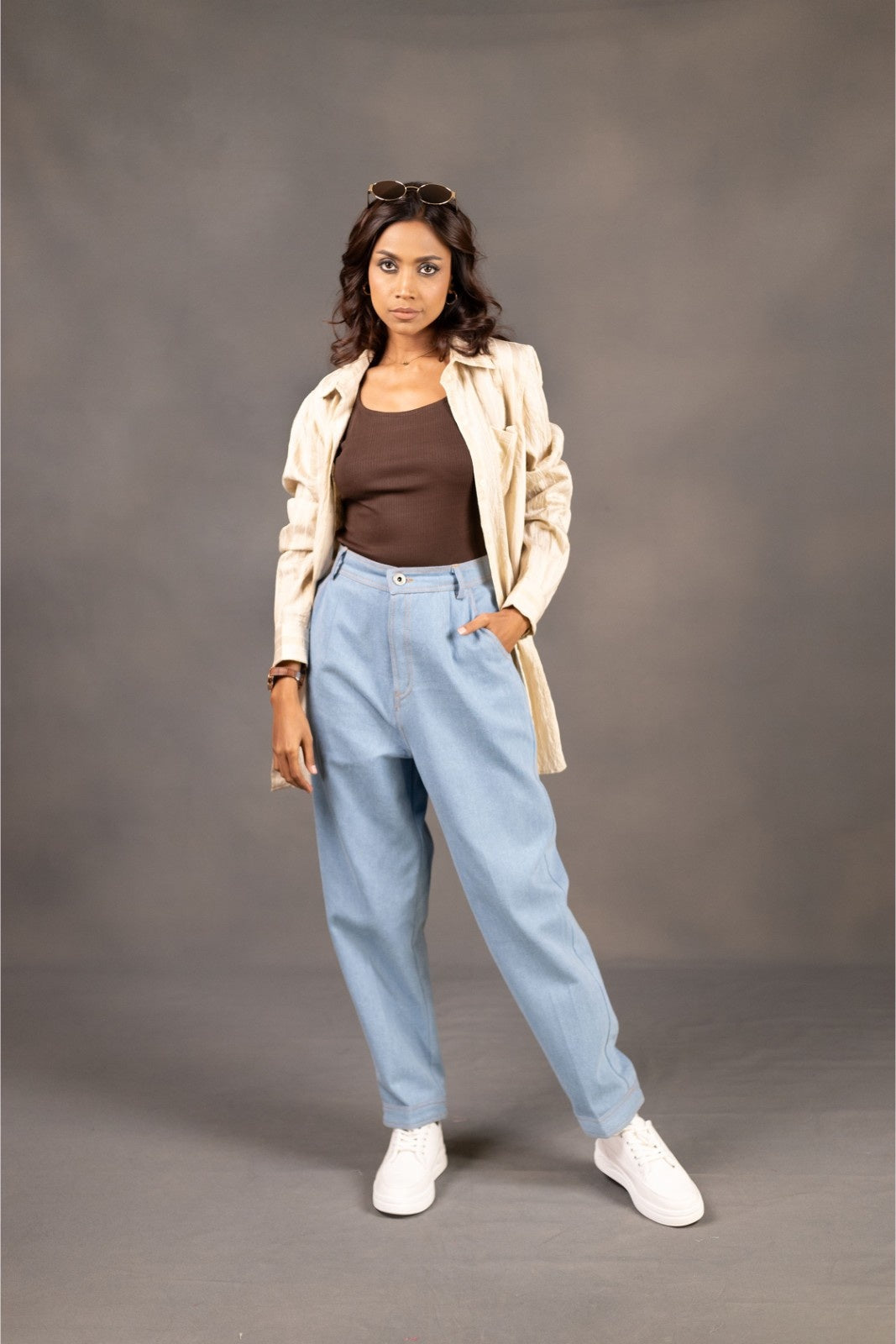 Light Blue Relaxed Fit Denim Pants with oversize shirt set.