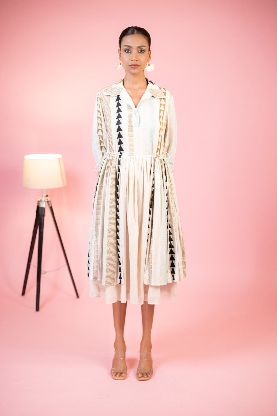 Cotton Stripe Gauze Geometric Motif Midi dresses