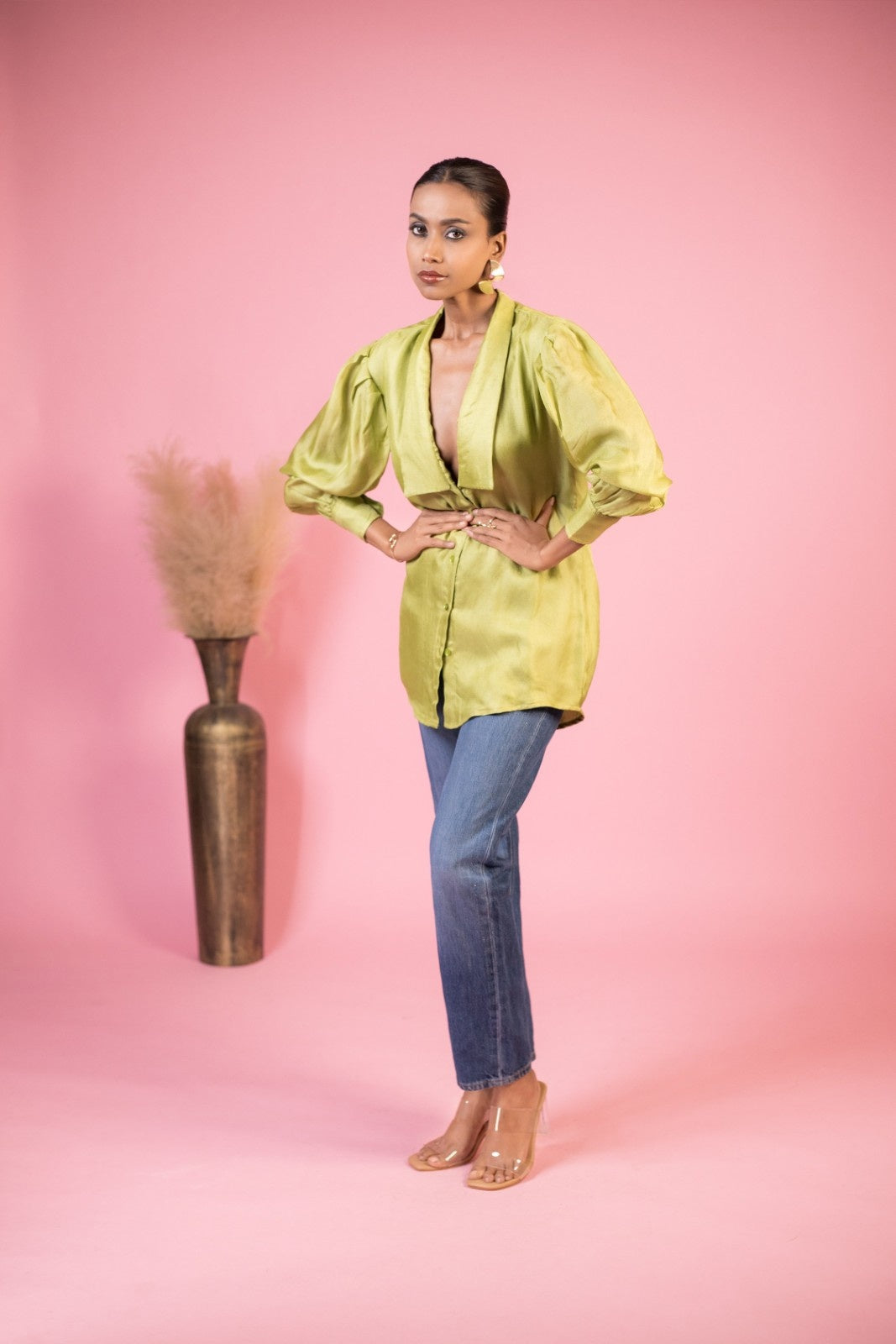 Lime Luxe Statement Shirt & Gathered Cuffs