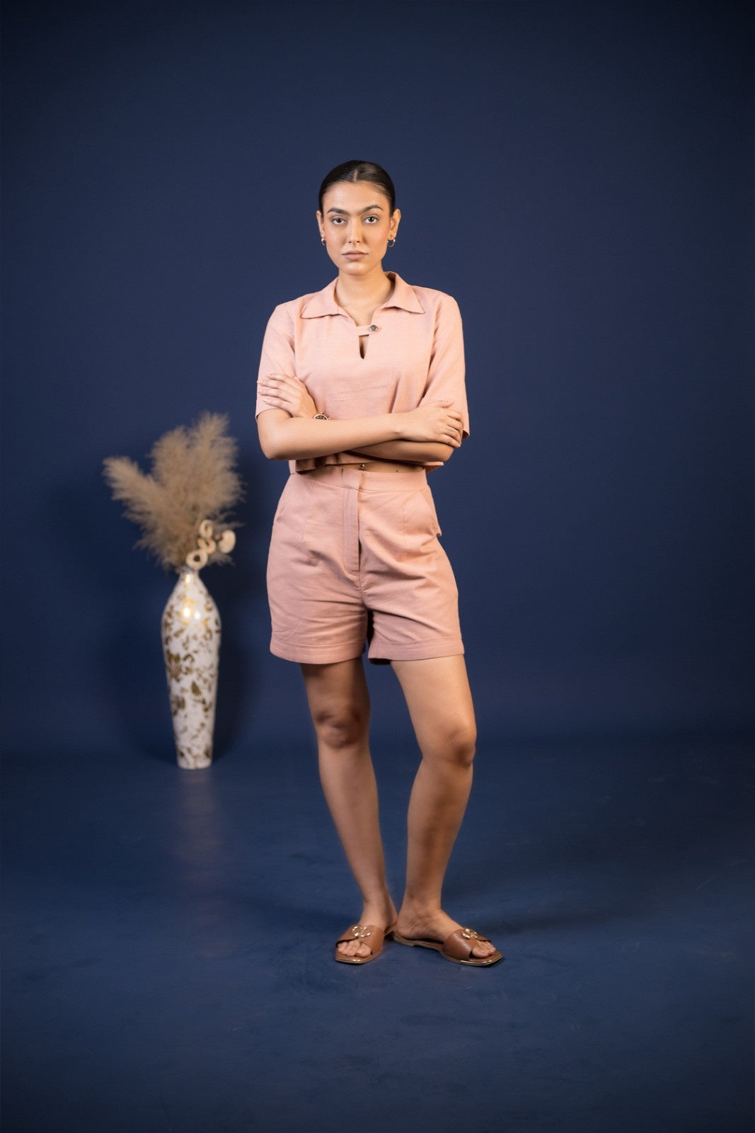 Dusty Rose Cropped Notch-Collar Top & Structured High-Waist Shorts