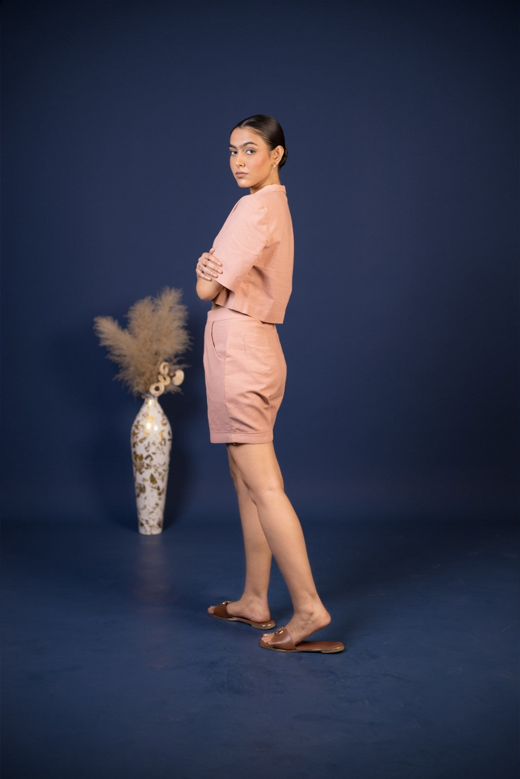 Dusty Rose Cropped Notch-Collar Top & Structured High-Waist Shorts