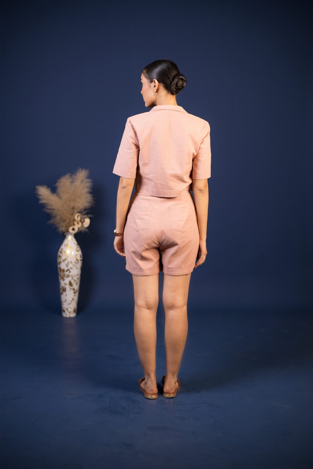 Dusty Rose Cropped Notch-Collar Top & Structured High-Waist Shorts