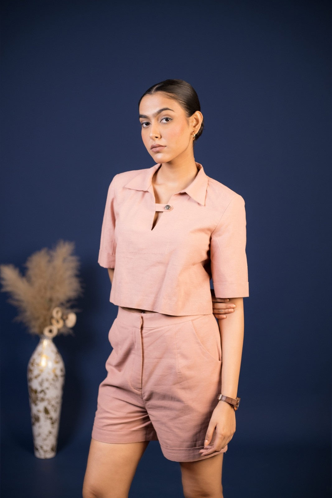 Dusty Rose Cropped Notch-Collar Top & Structured High-Waist Shorts