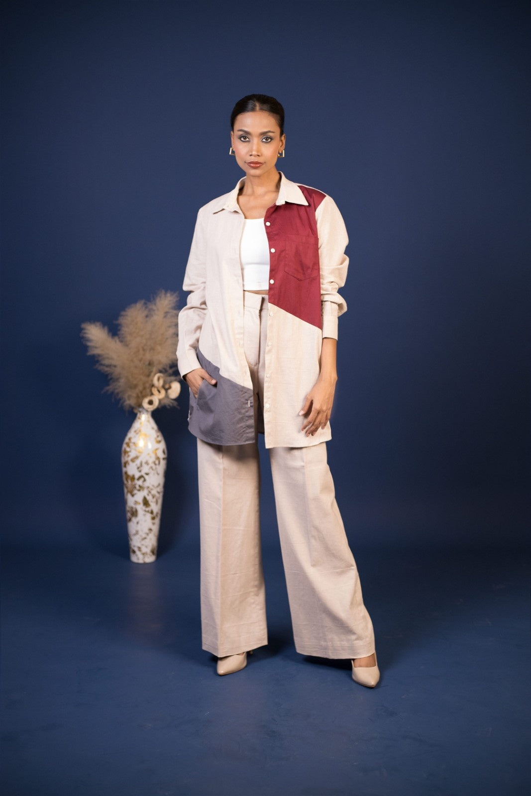 Color-Block Oversized Shirt & Beige Co-Ord Set