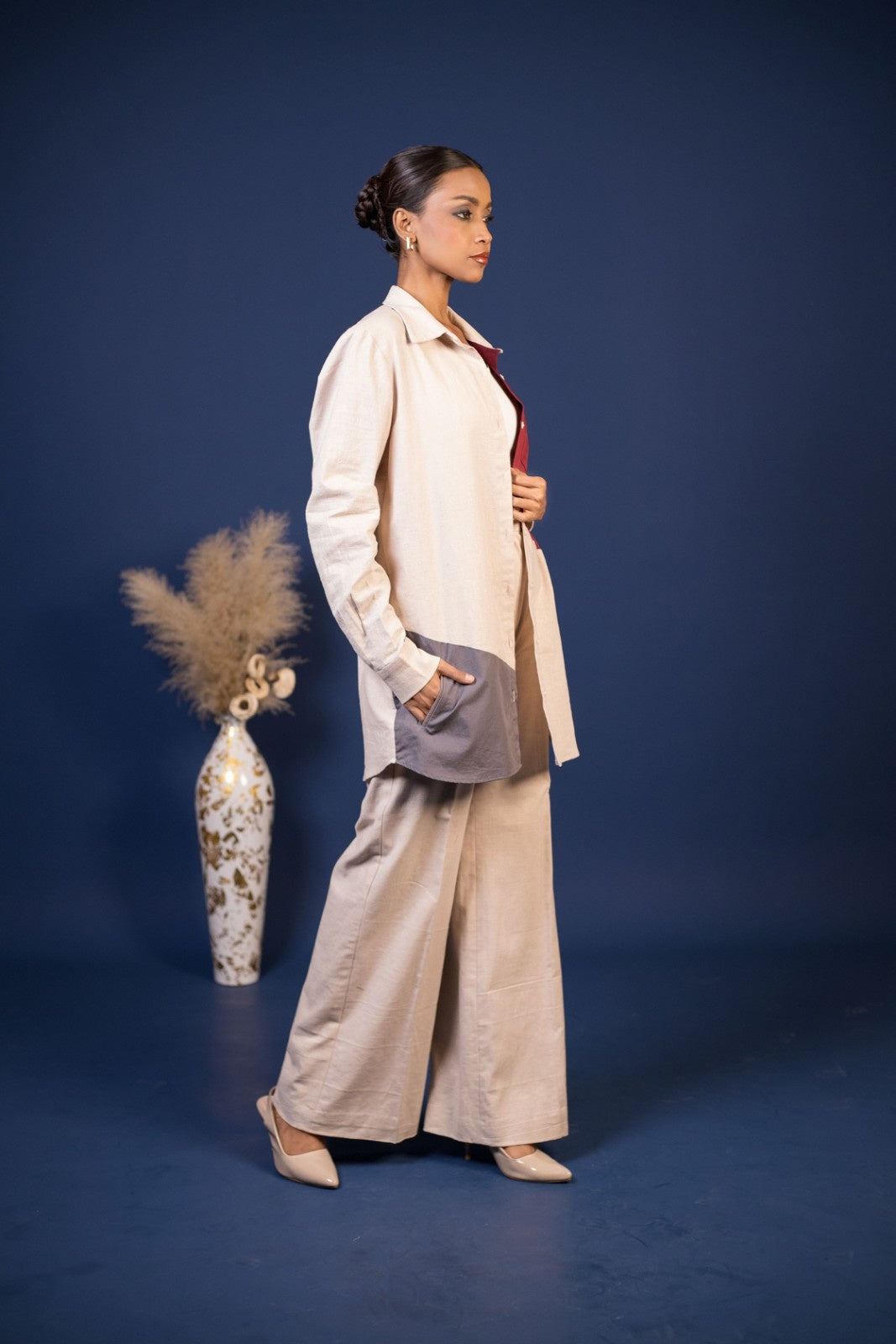 Color-Block Oversized Shirt & Beige Co-Ord Set