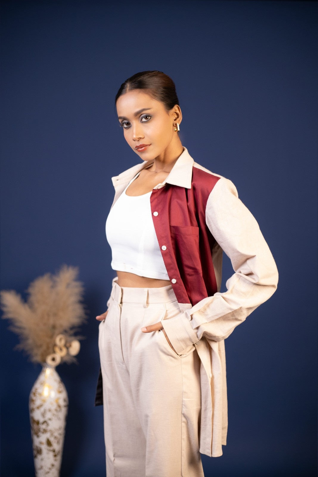 Color-Block Oversized Shirt & Beige Co-Ord Set