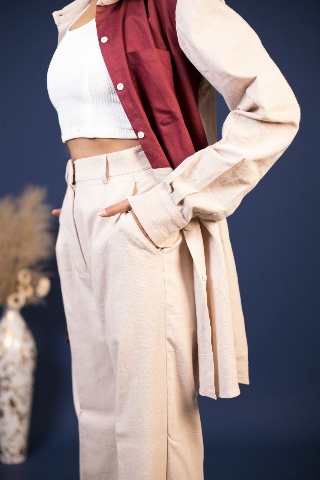 Color-Block Oversized Shirt & Beige Co-Ord Set