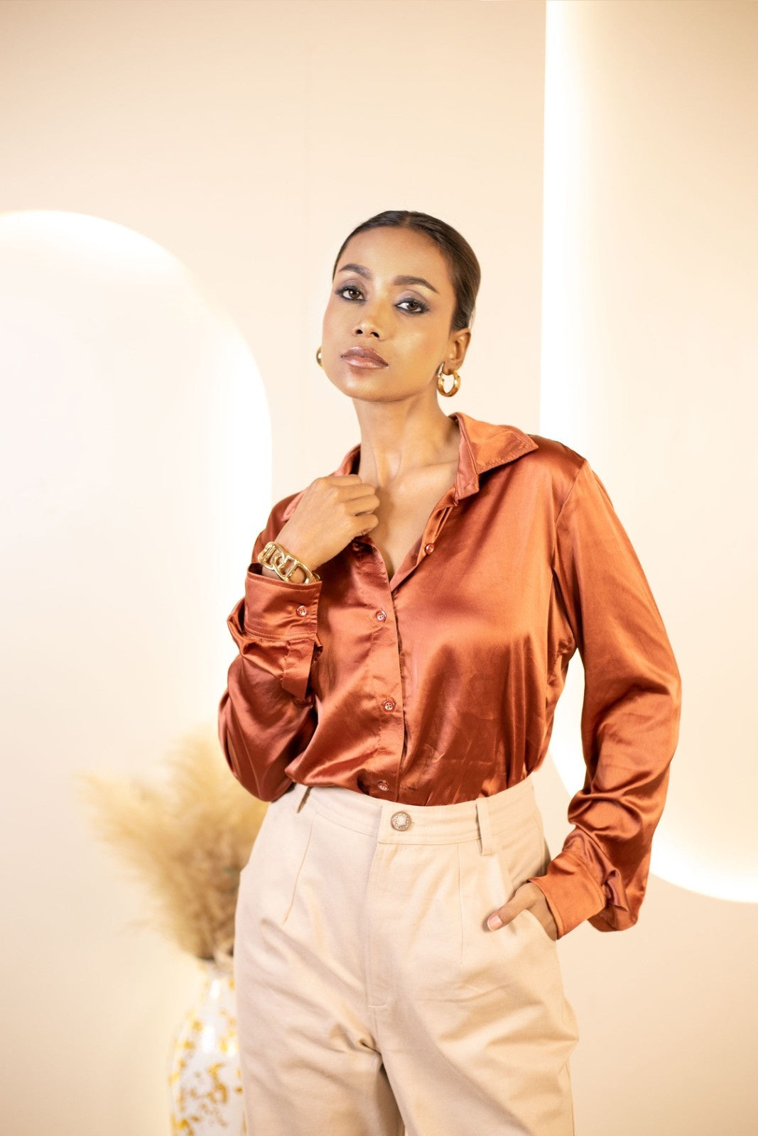 Rust Radiance Shirt with Cream Calm Trouser set