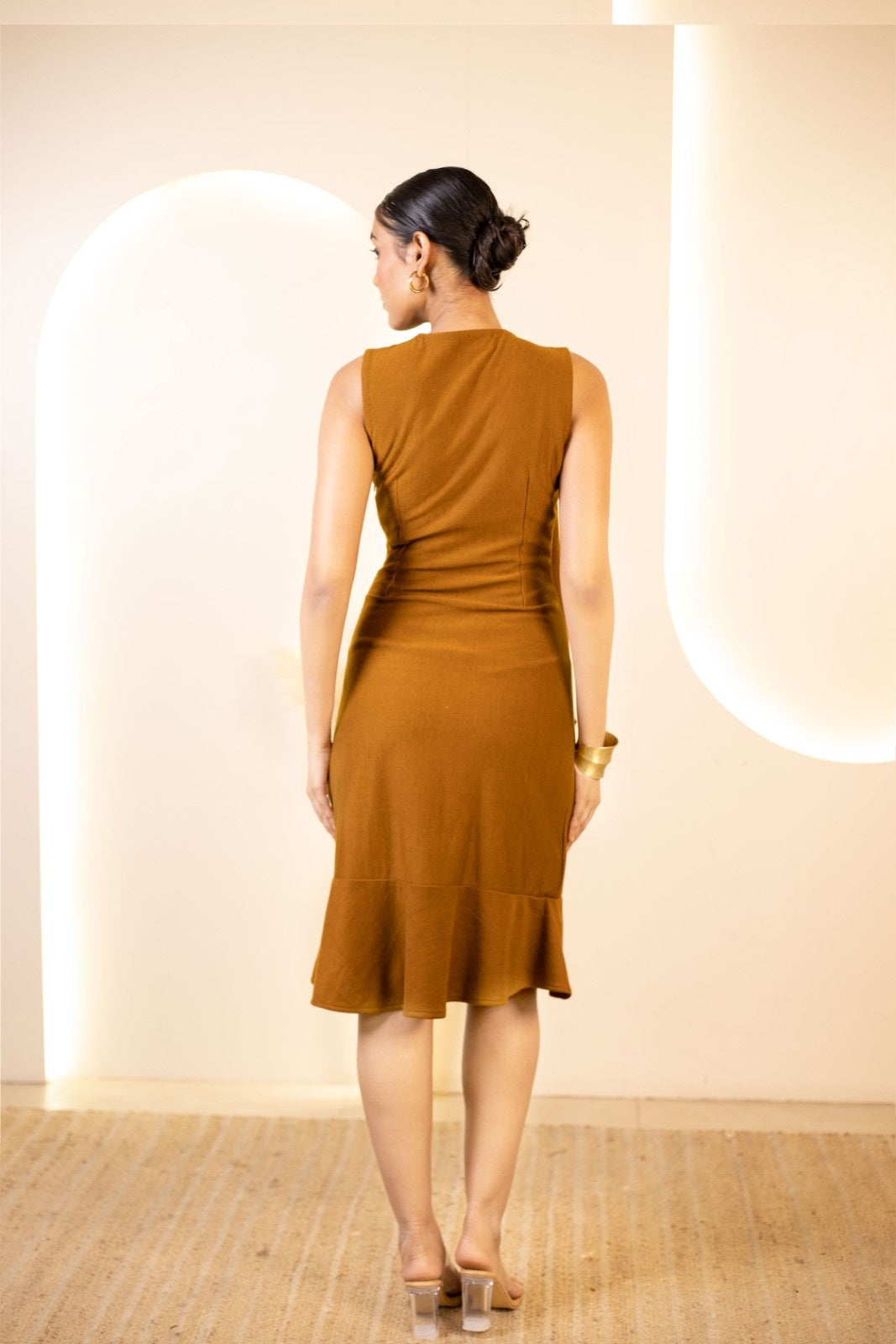 Mustard Brown Draped Midi Dress
