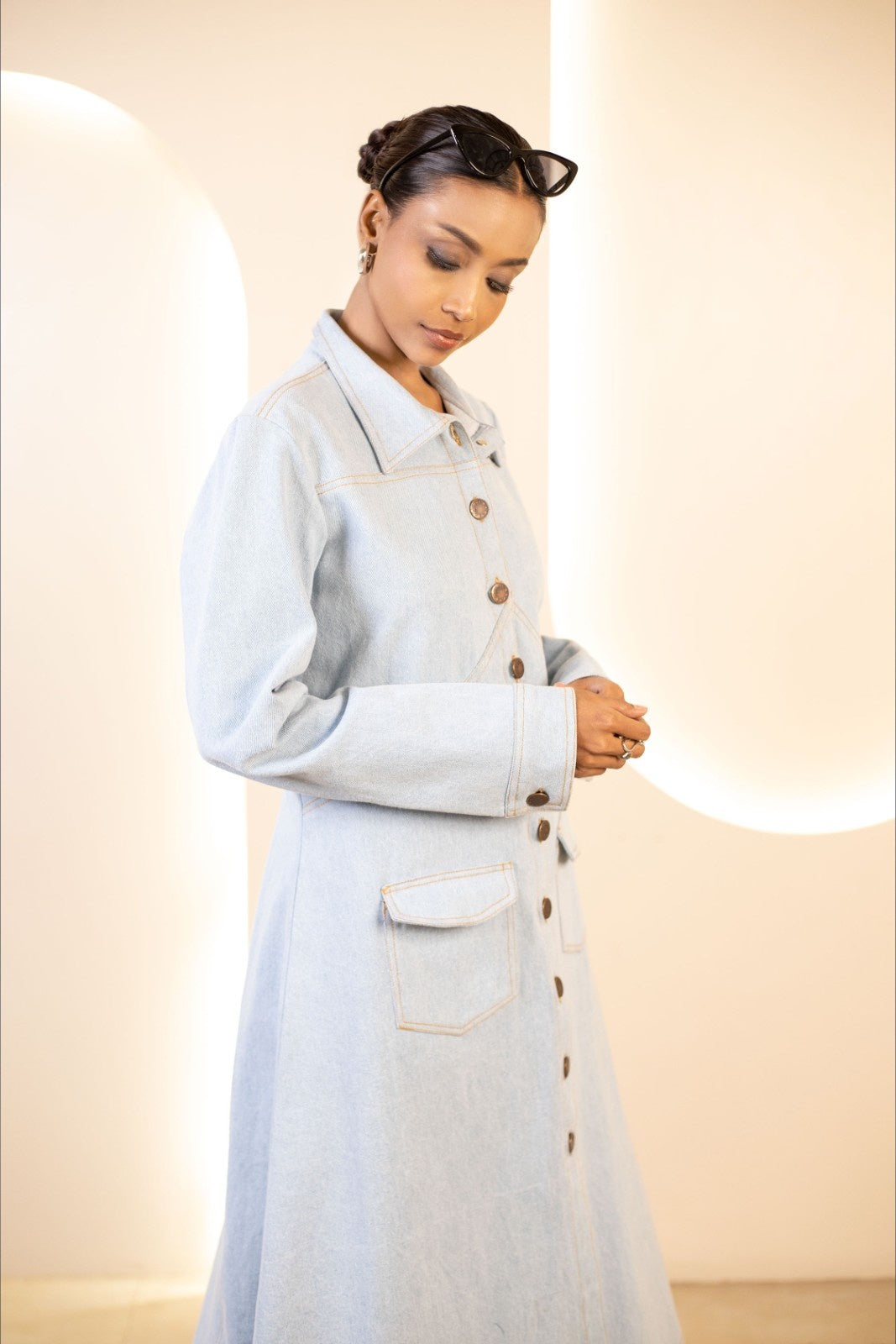 Elegant Powder Blue Maxi Coat Denim Dress