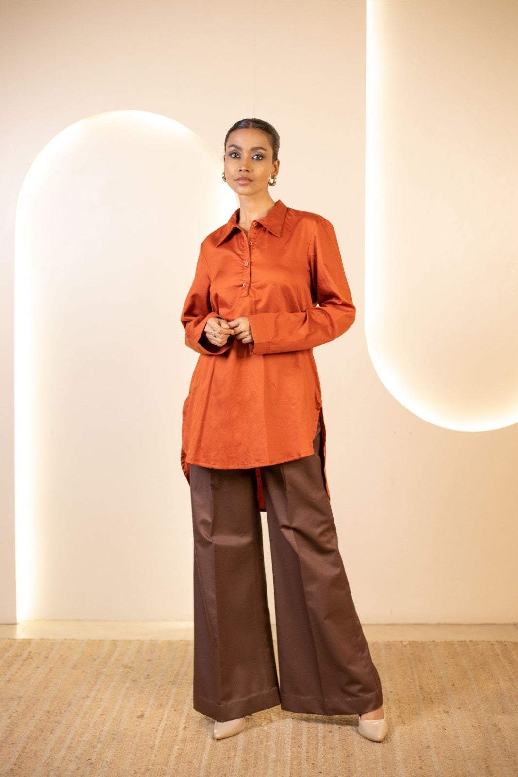 Rust Ember Kurta Style Tunic with Cocoa Trousers Set