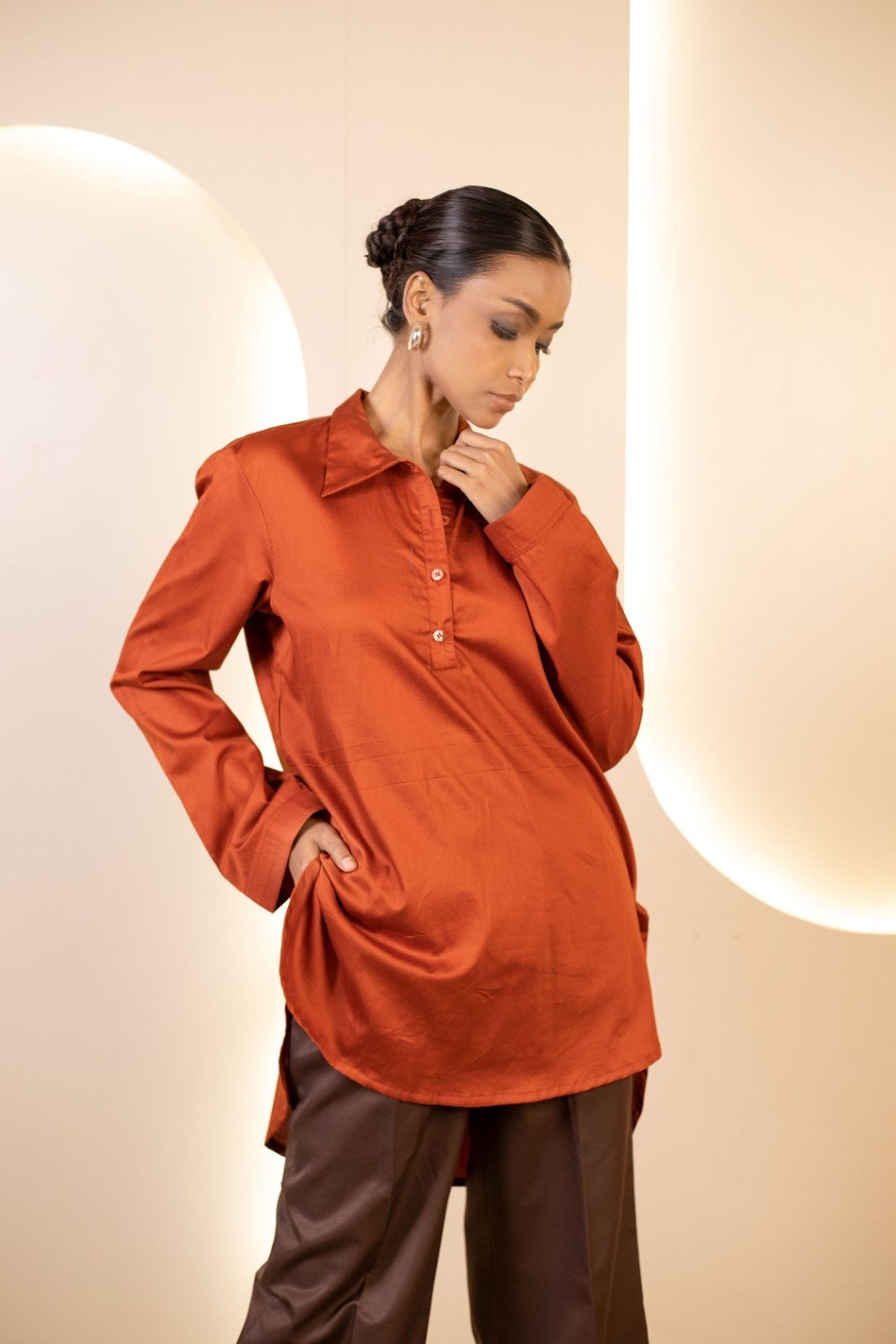 Rust Ember Kurta Style Tunic with Cocoa Trousers Set