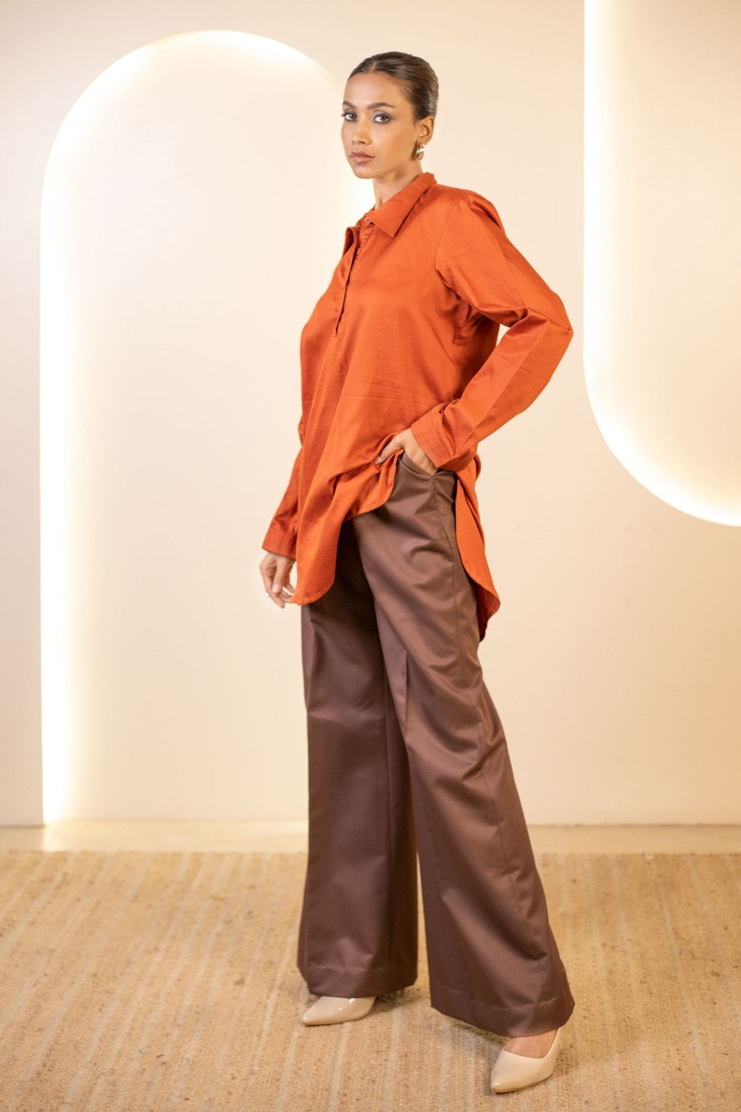 Rust Ember Kurta Style Tunic with Cocoa Trousers Set