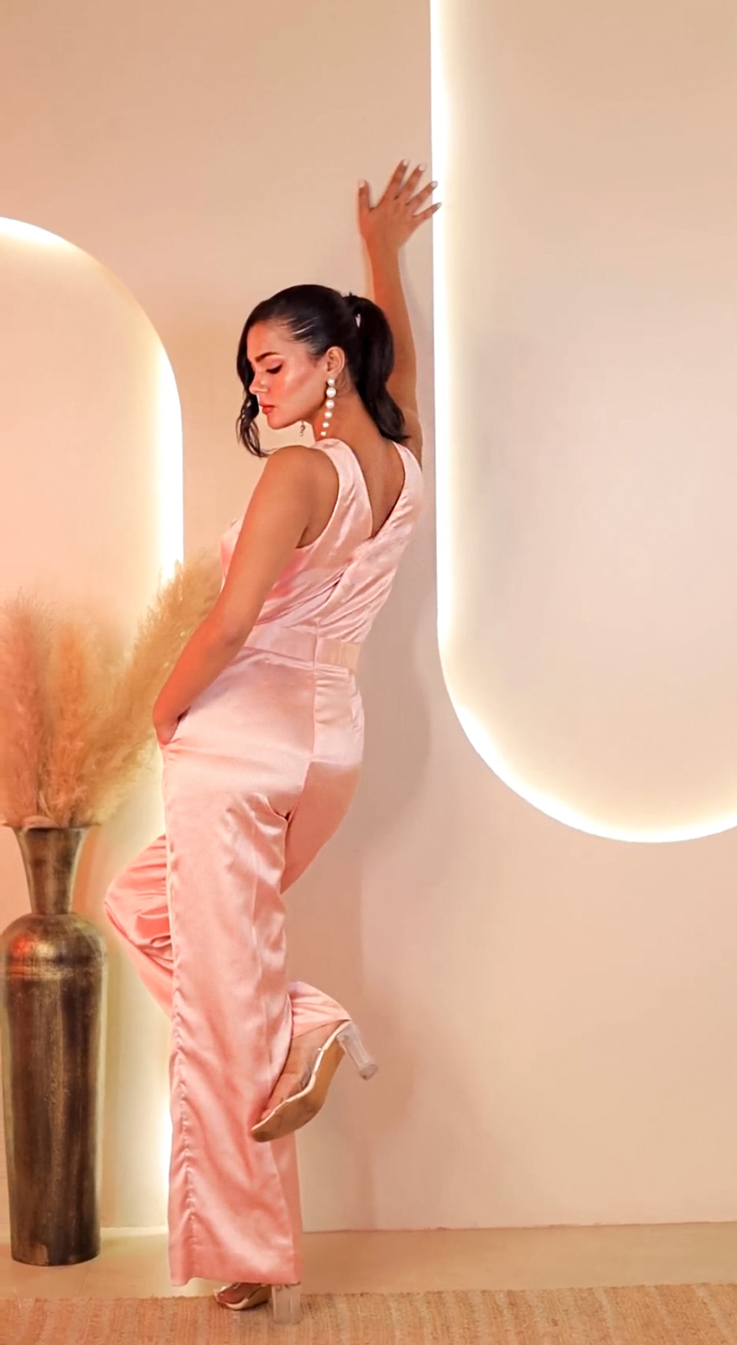 Peach Color Overlap embroidered jumpsuit