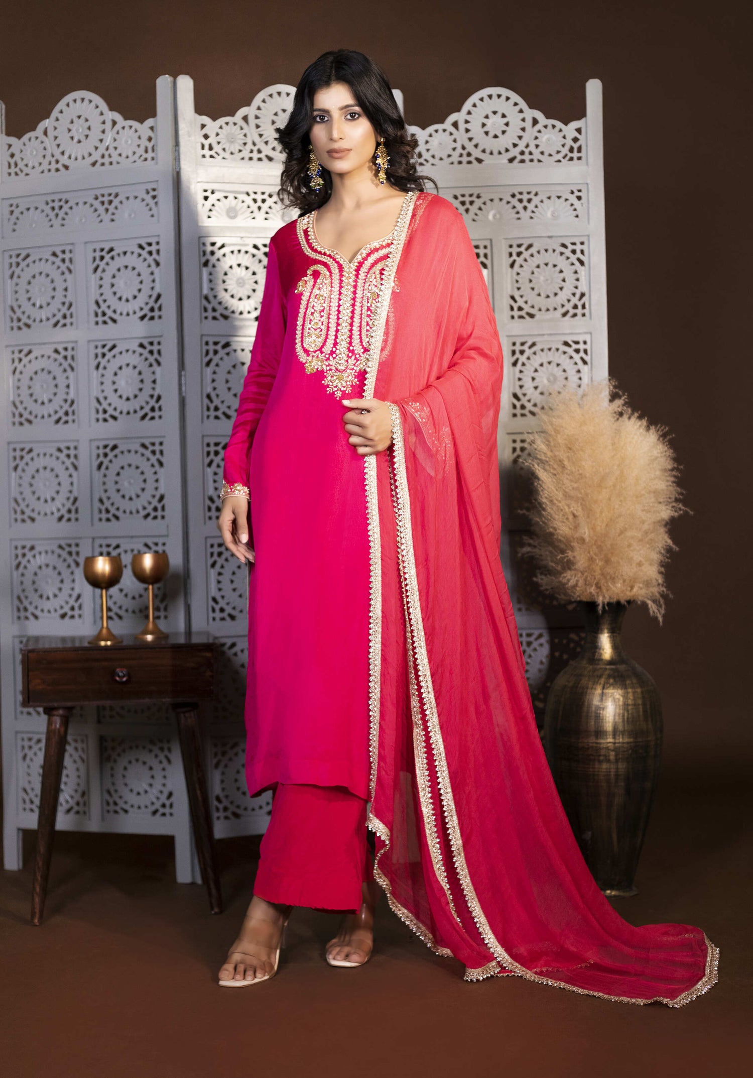 Pink Hand-Embroidered Chinnon Suit Set