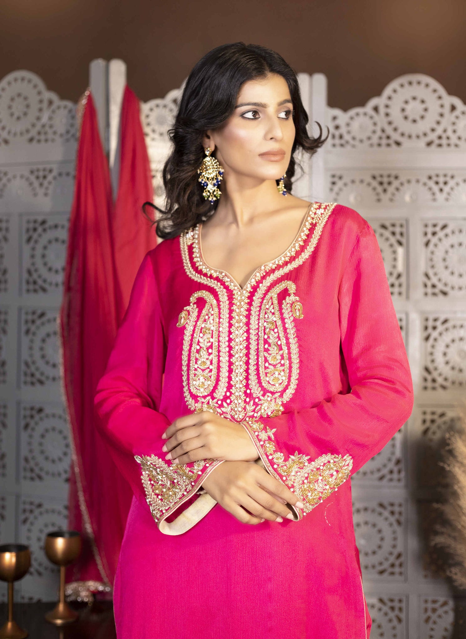 Pink Hand-Embroidered Chinnon Suit Set