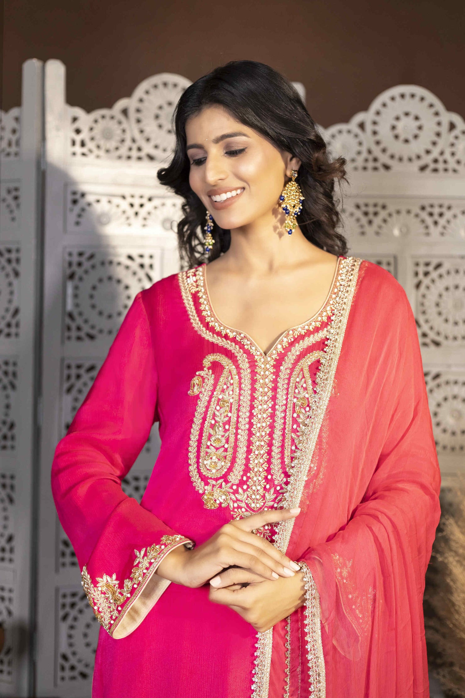 Pink Hand-Embroidered Chinnon Suit Set