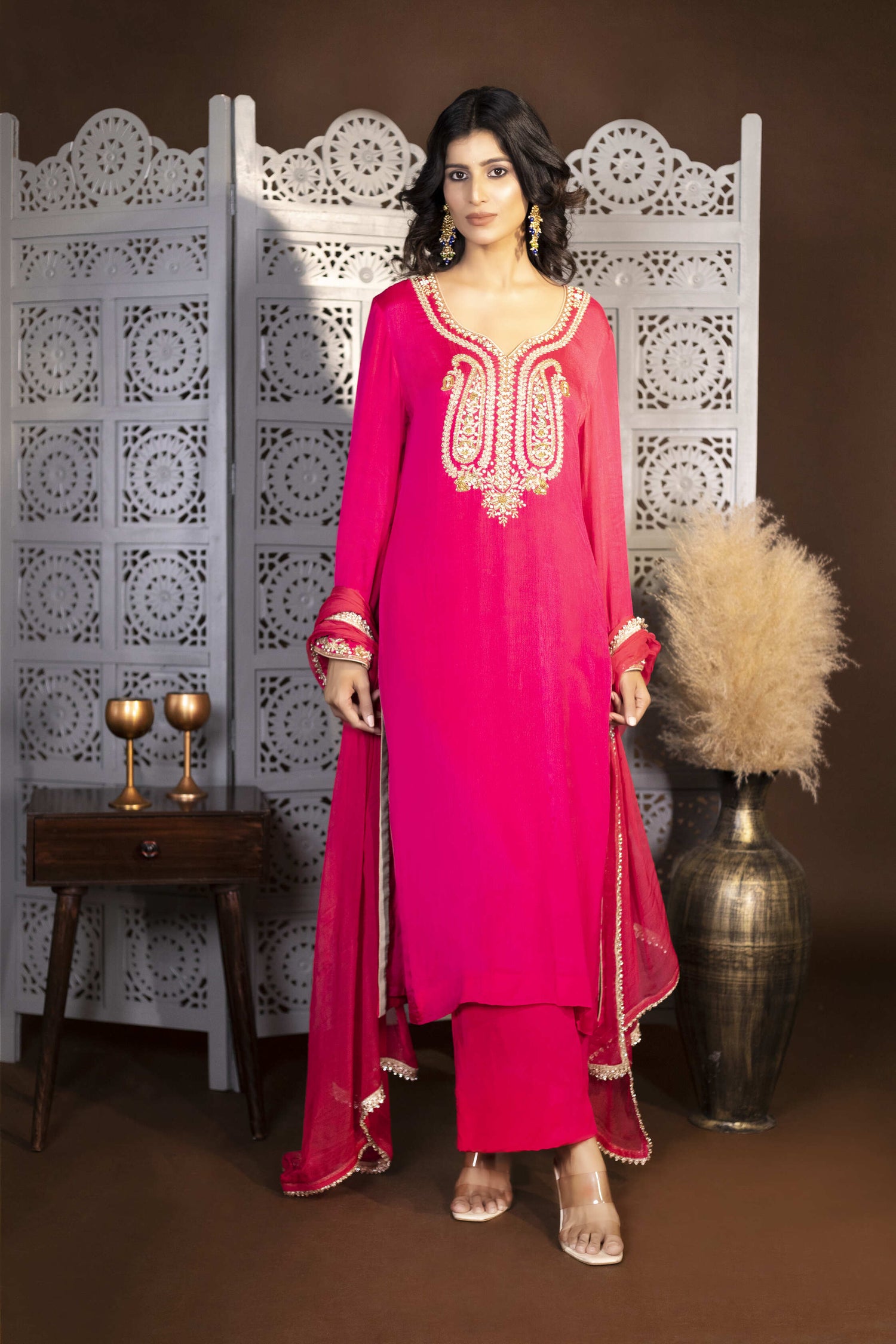 Pink Hand-Embroidered Chinnon Suit Set