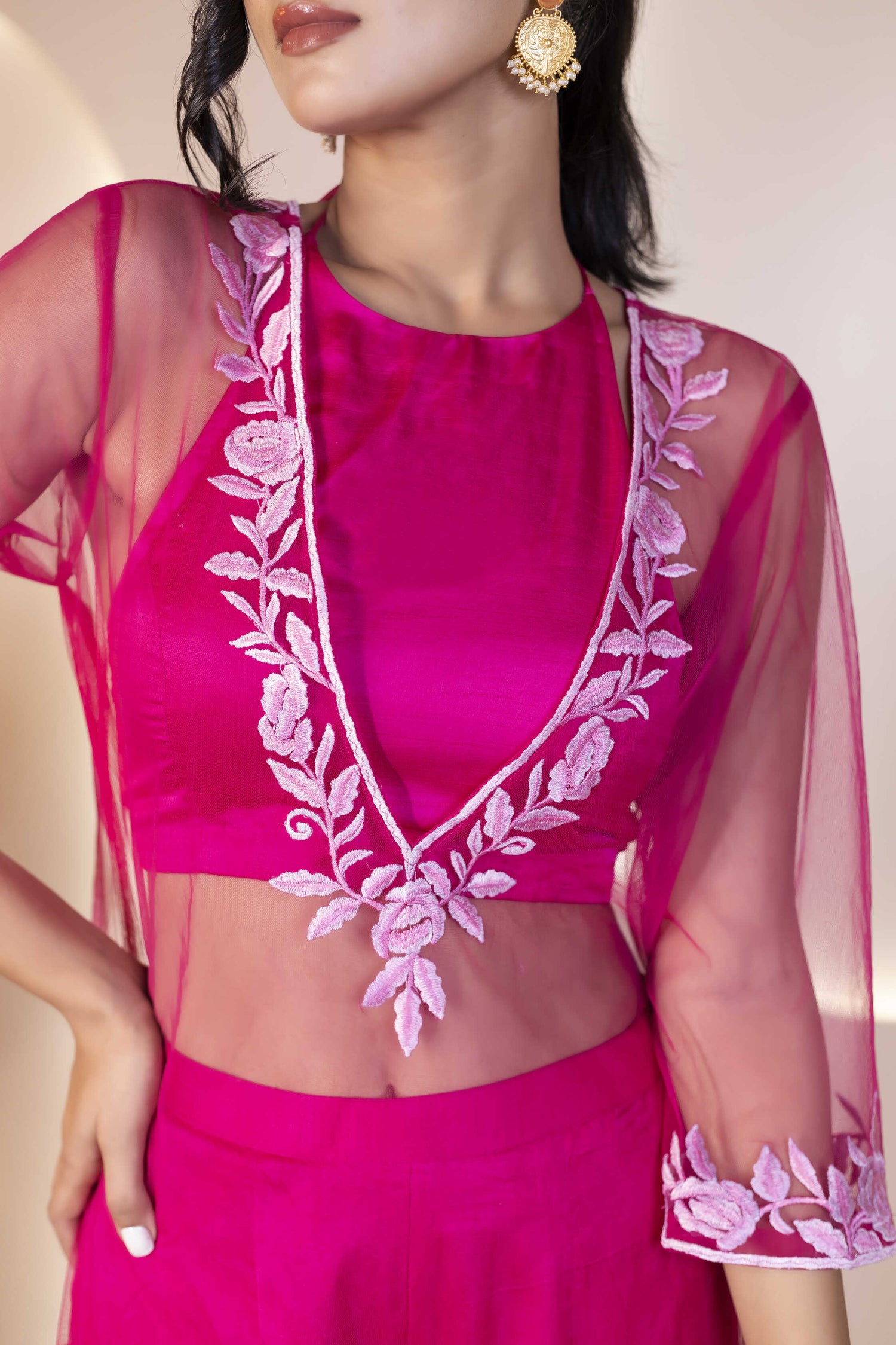 Pink Raw Silk Blouse with See-Through Net Kurta and Pant