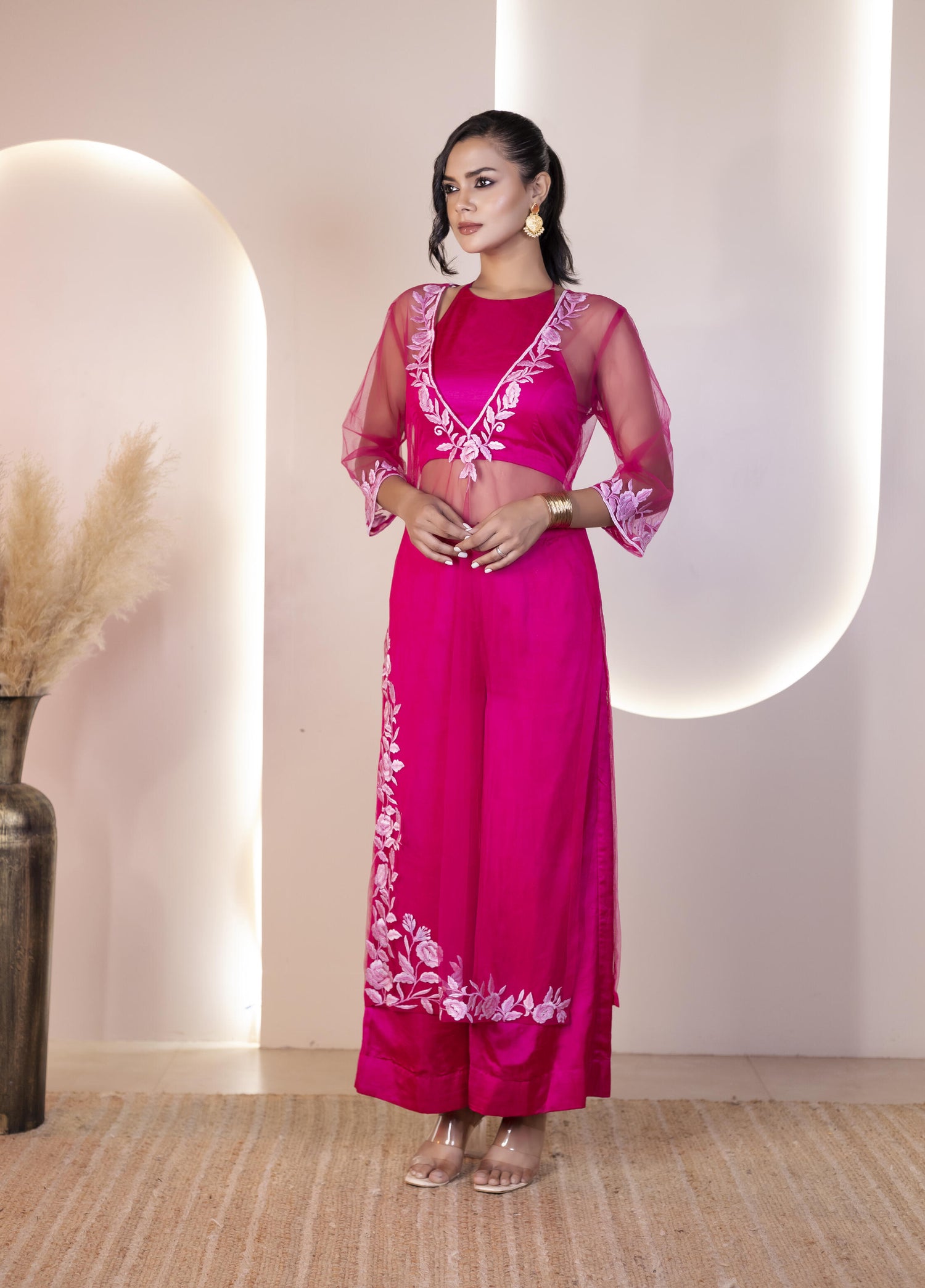 Pink Raw Silk Blouse with See-Through Net Kurta and Pant