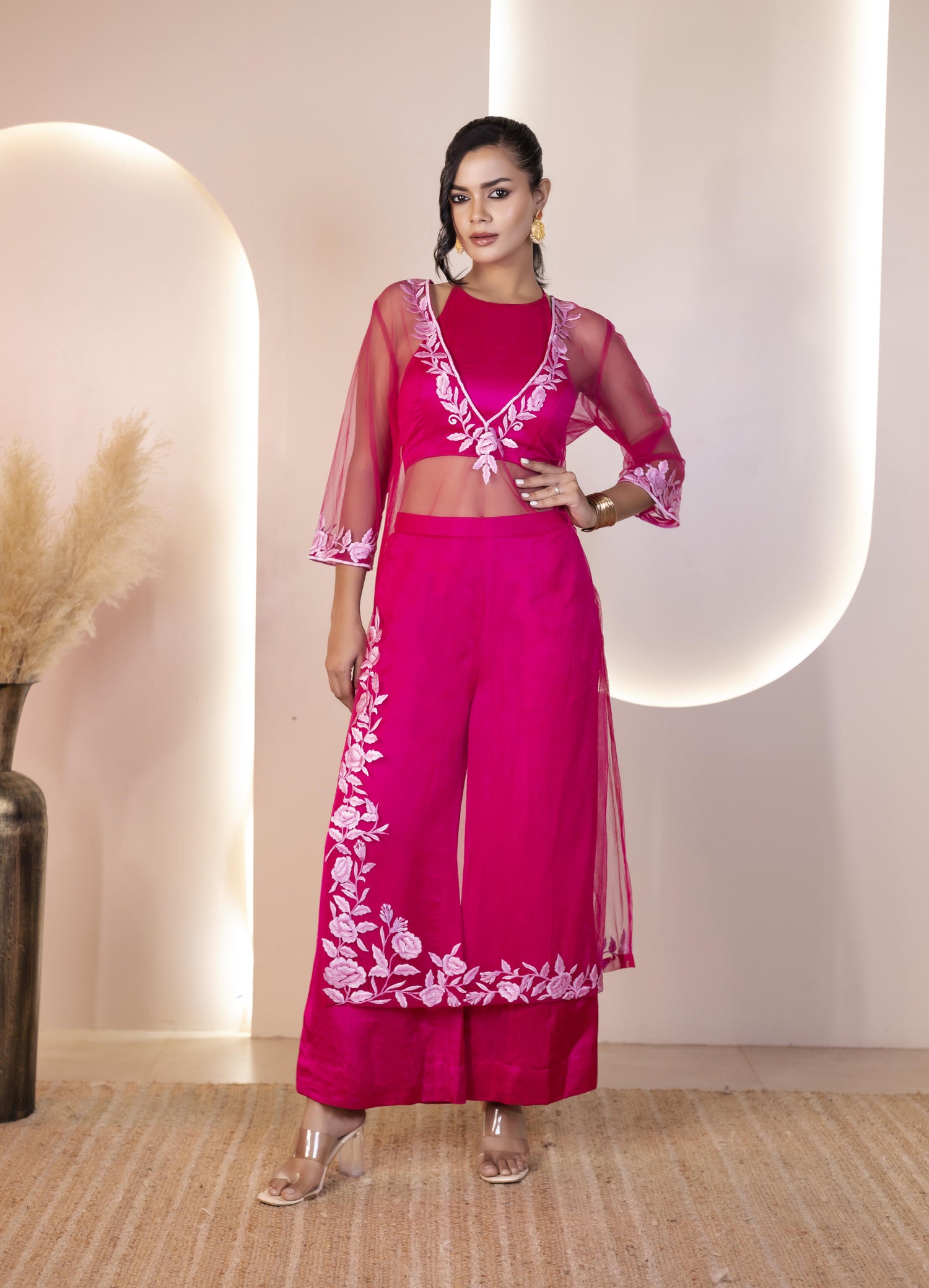 Pink Raw Silk Blouse with See-Through Net Kurta and Pant