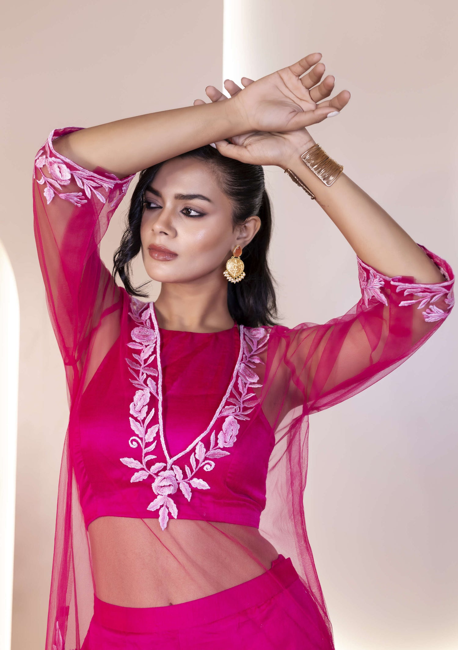 Pink Raw Silk Blouse with See-Through Net Kurta and Pant